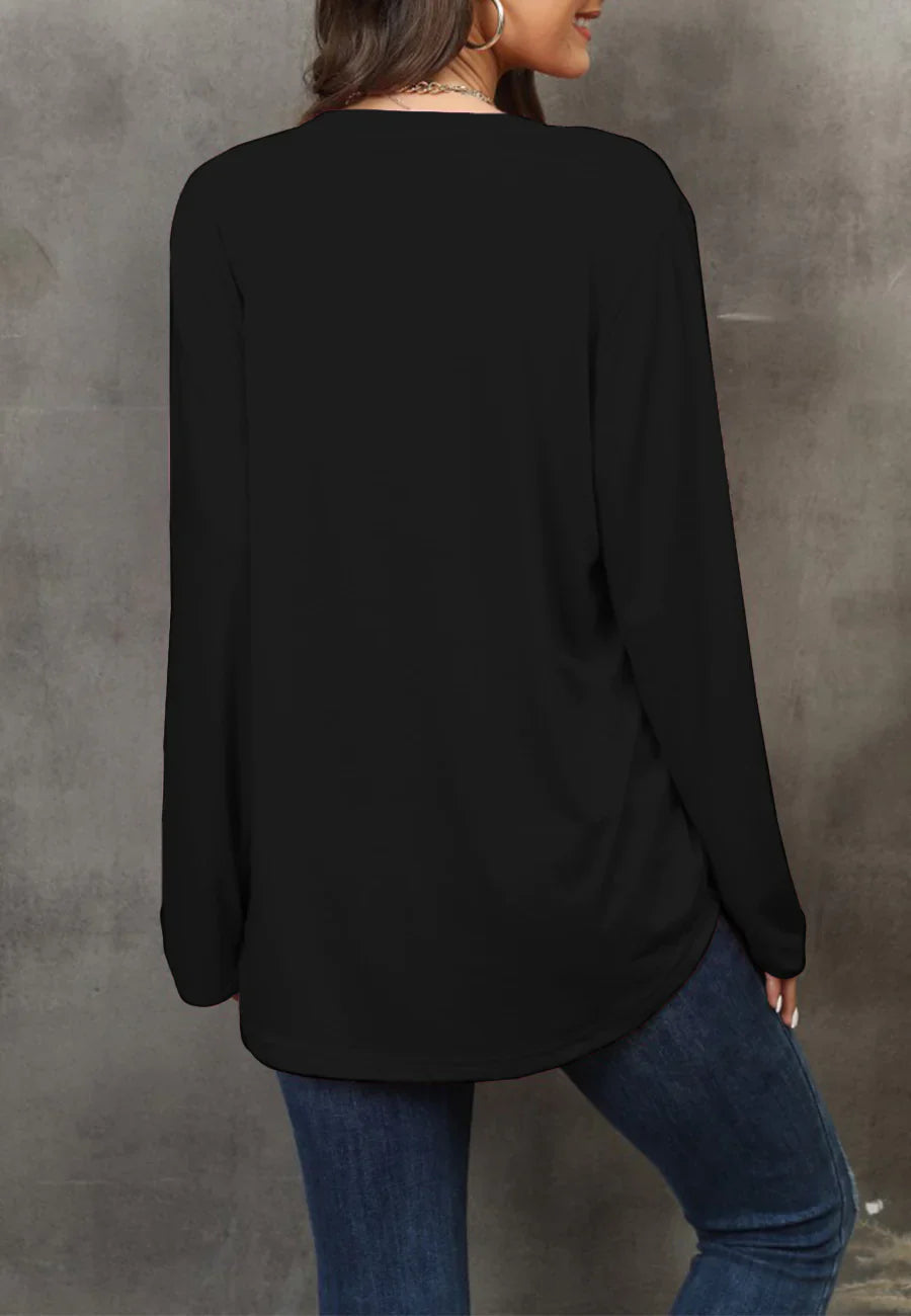Women's Solid Black Long Sleeve Loose Fit Round Neck Sweater