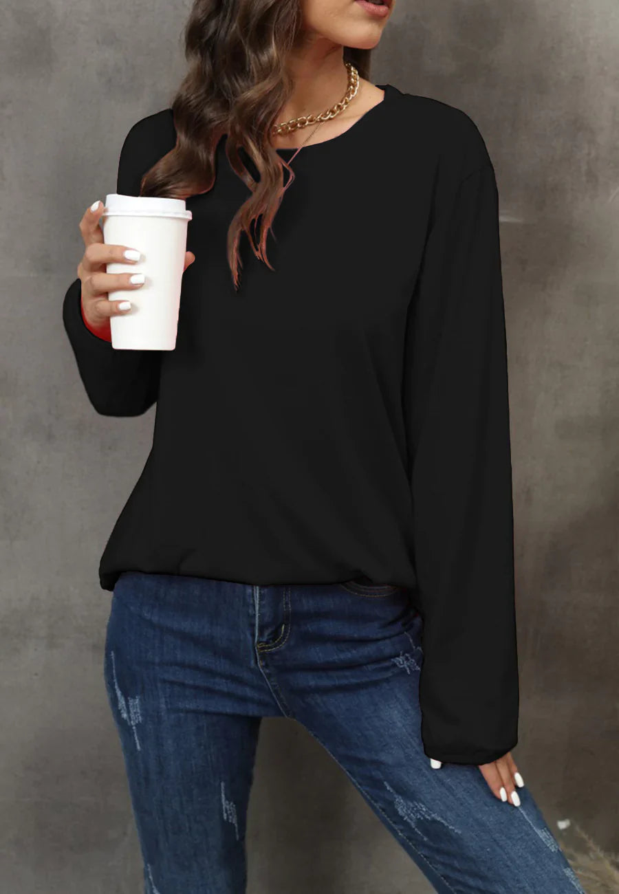 Women's Solid Black Long Sleeve Loose Fit Round Neck Sweater