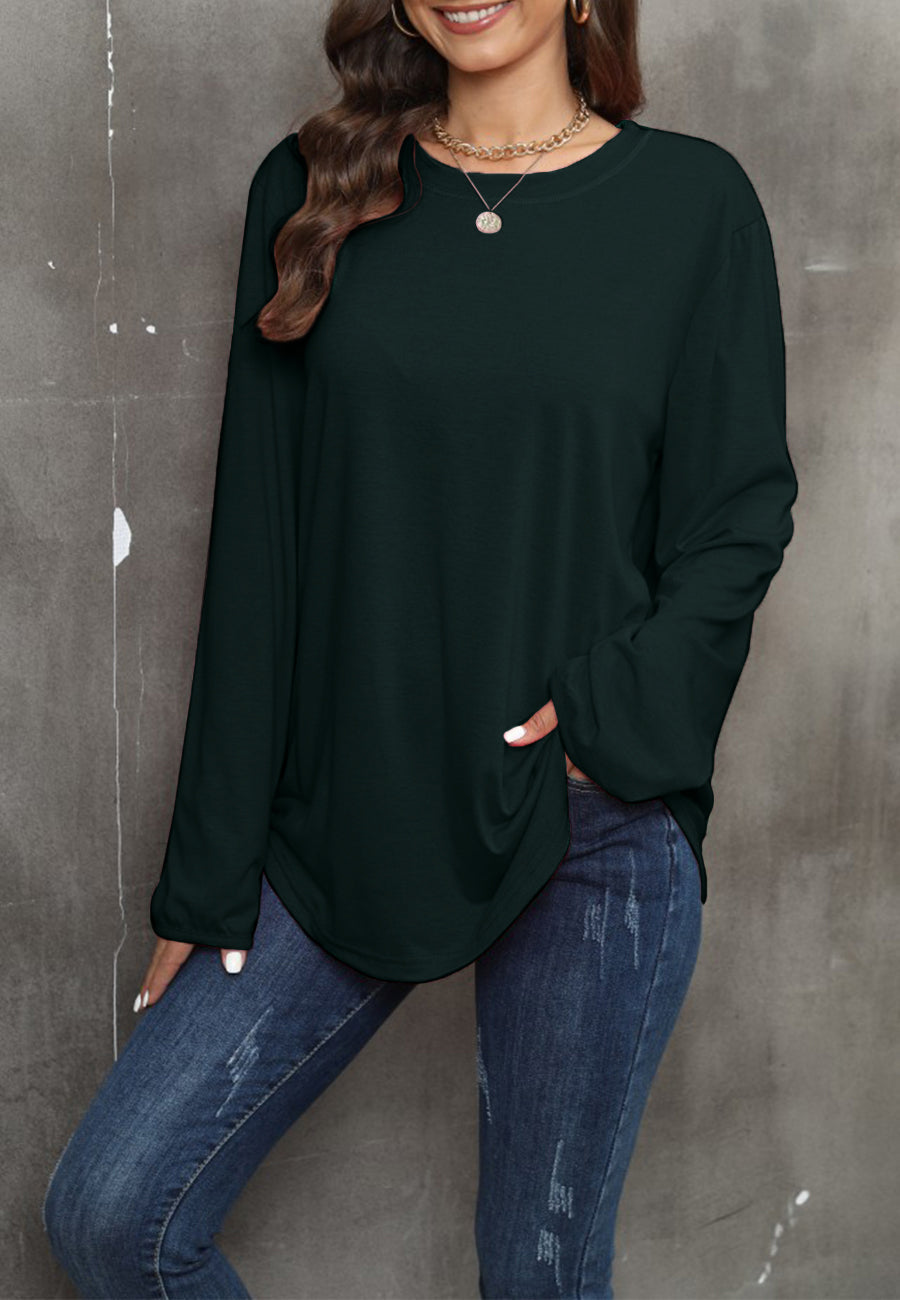 Women's Solid Black Long Sleeve Loose Fit Round Neck Sweater