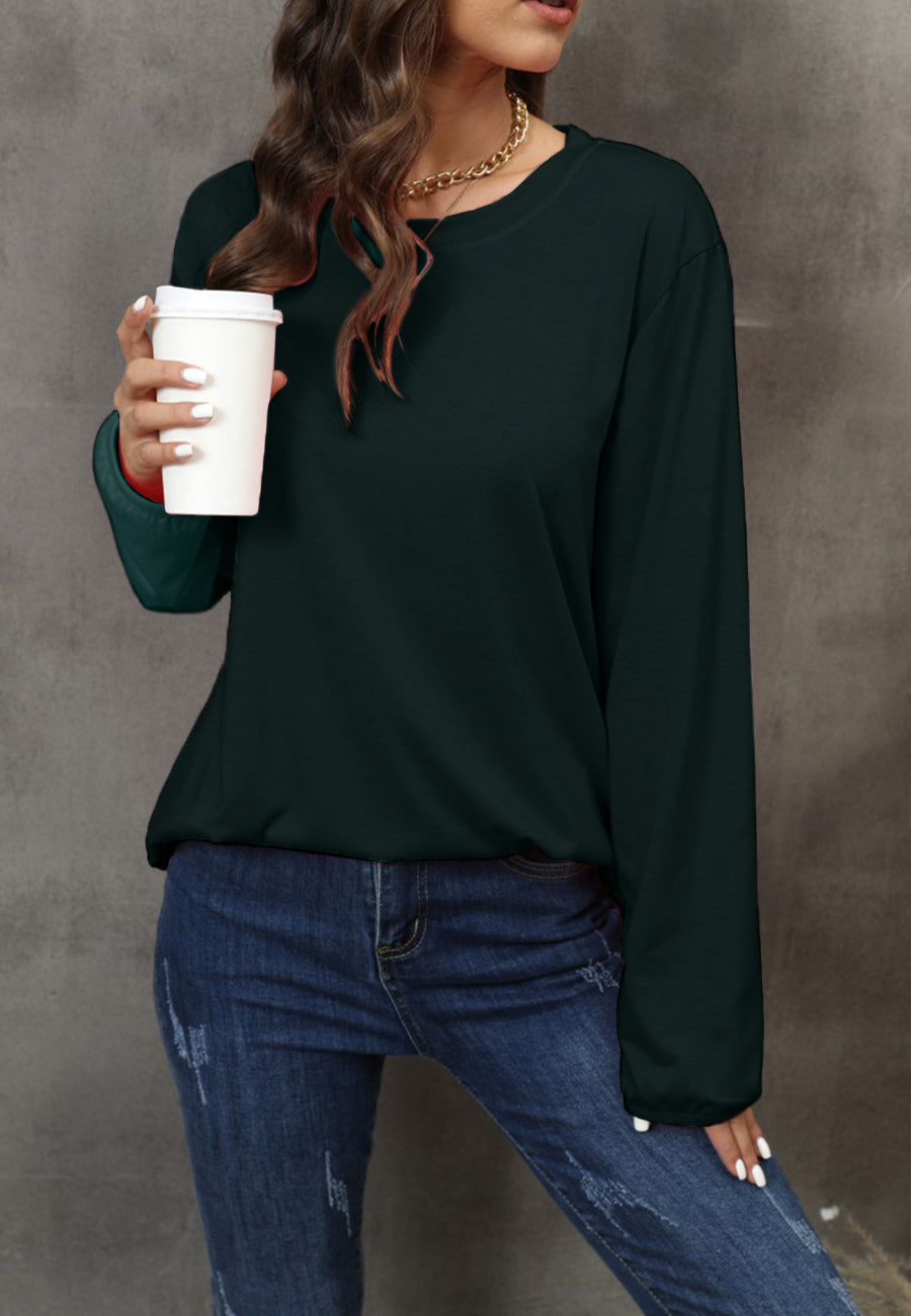 Women's Solid Black Long Sleeve Loose Fit Round Neck Sweater