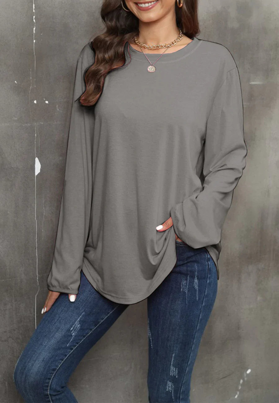 Women's Solid Black Long Sleeve Loose Fit Round Neck Sweater