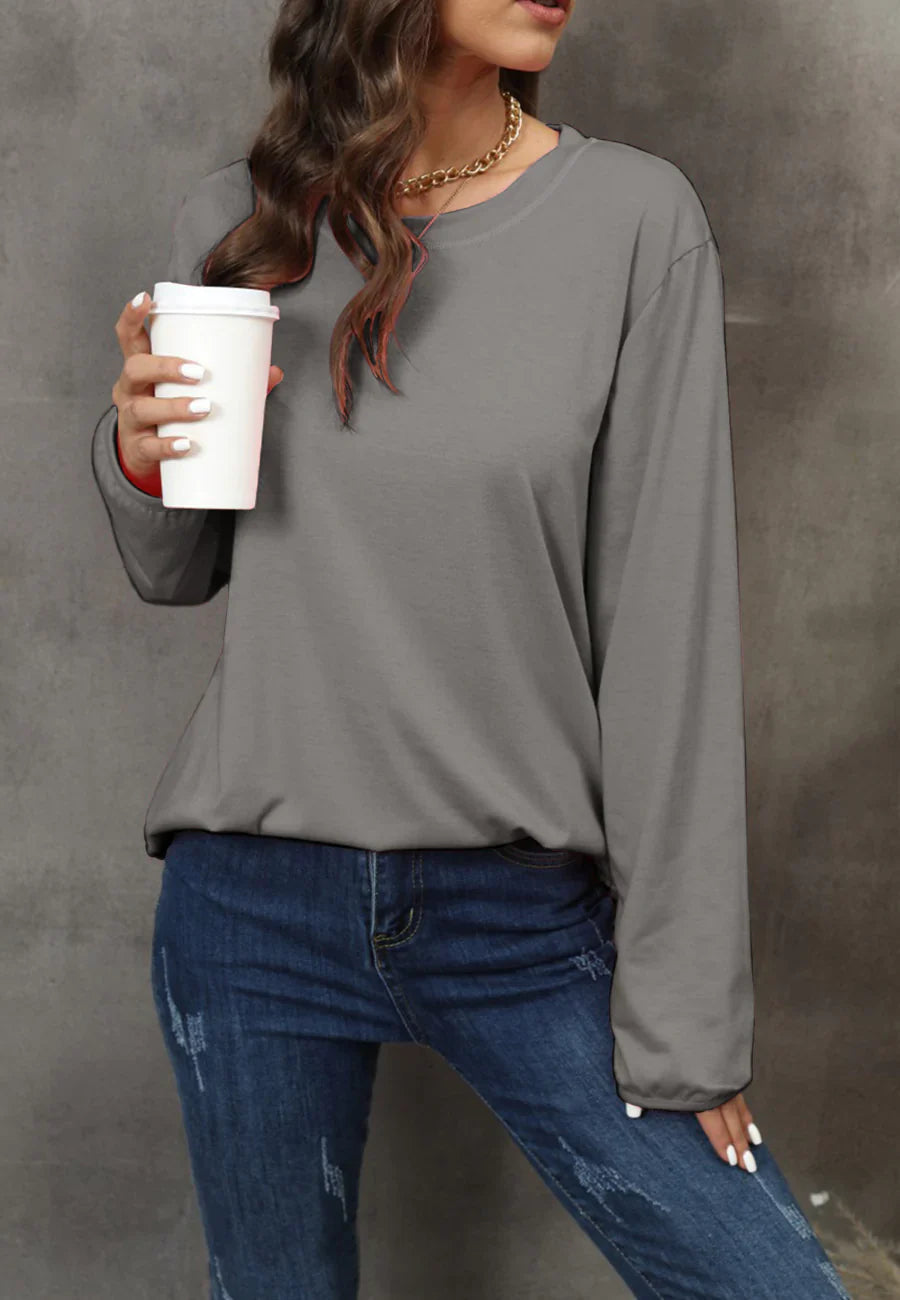 Women's Solid Black Long Sleeve Loose Fit Round Neck Sweater