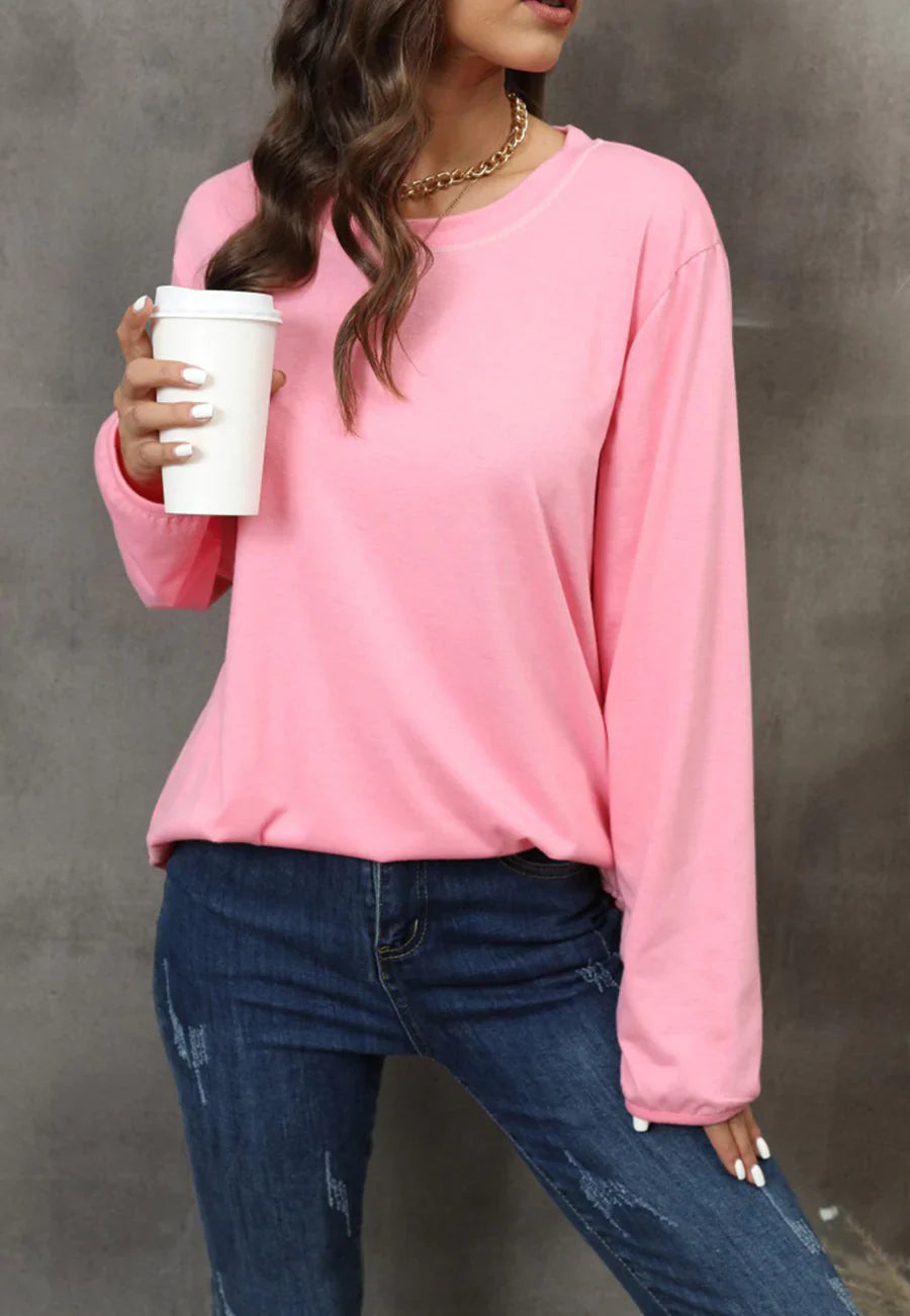 Women's Solid Black Long Sleeve Loose Fit Round Neck Sweater