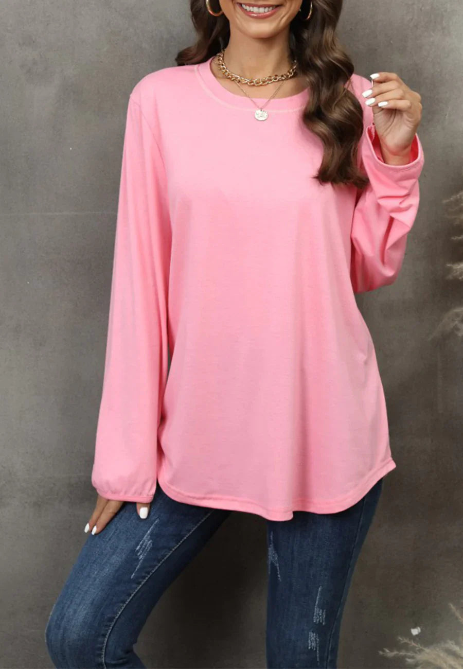 Women's Solid Black Long Sleeve Loose Fit Round Neck Sweater