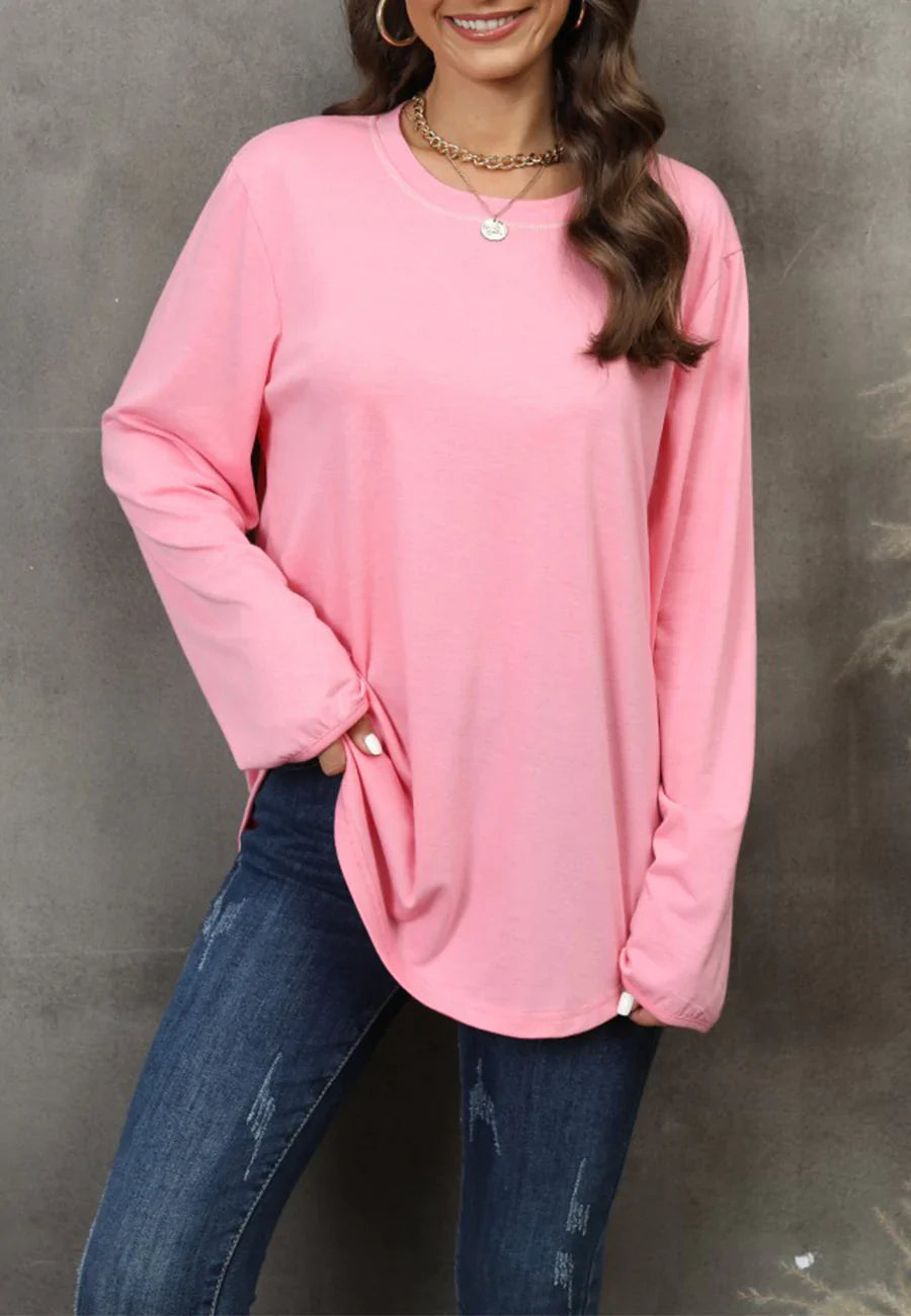 Women's Solid Black Long Sleeve Loose Fit Round Neck Sweater