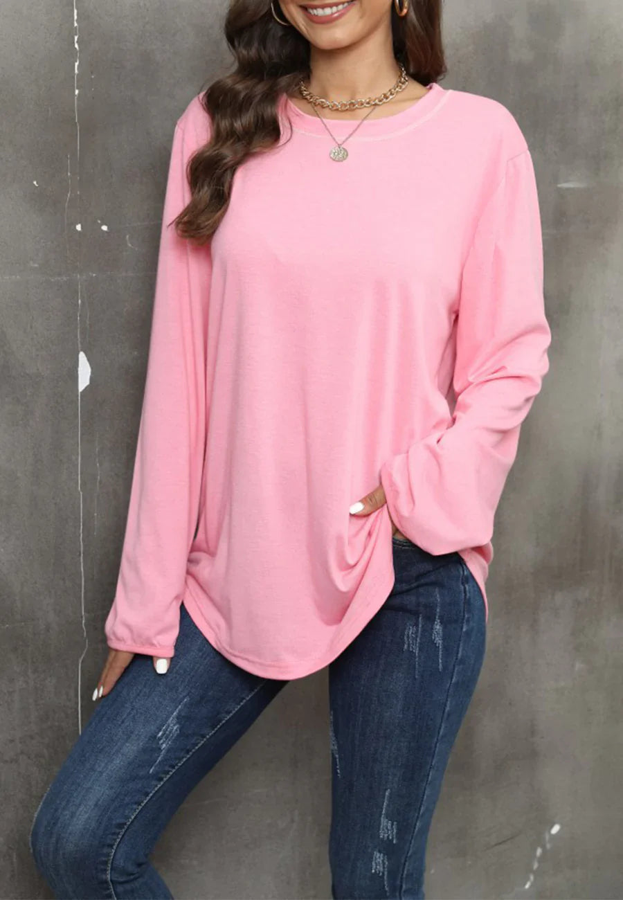 Women's Solid Black Long Sleeve Loose Fit Round Neck Sweater