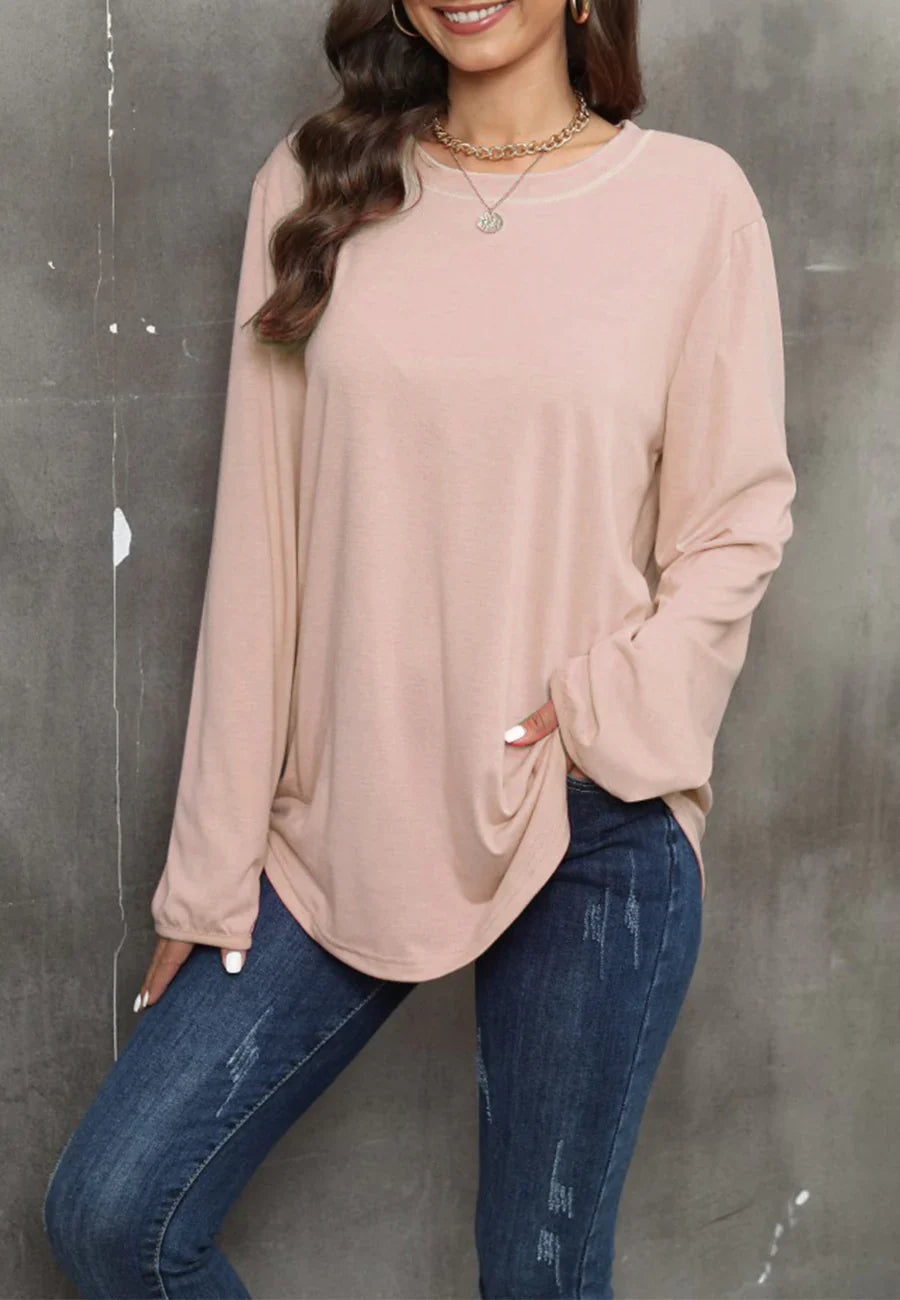 Women's Solid Black Long Sleeve Loose Fit Round Neck Sweater