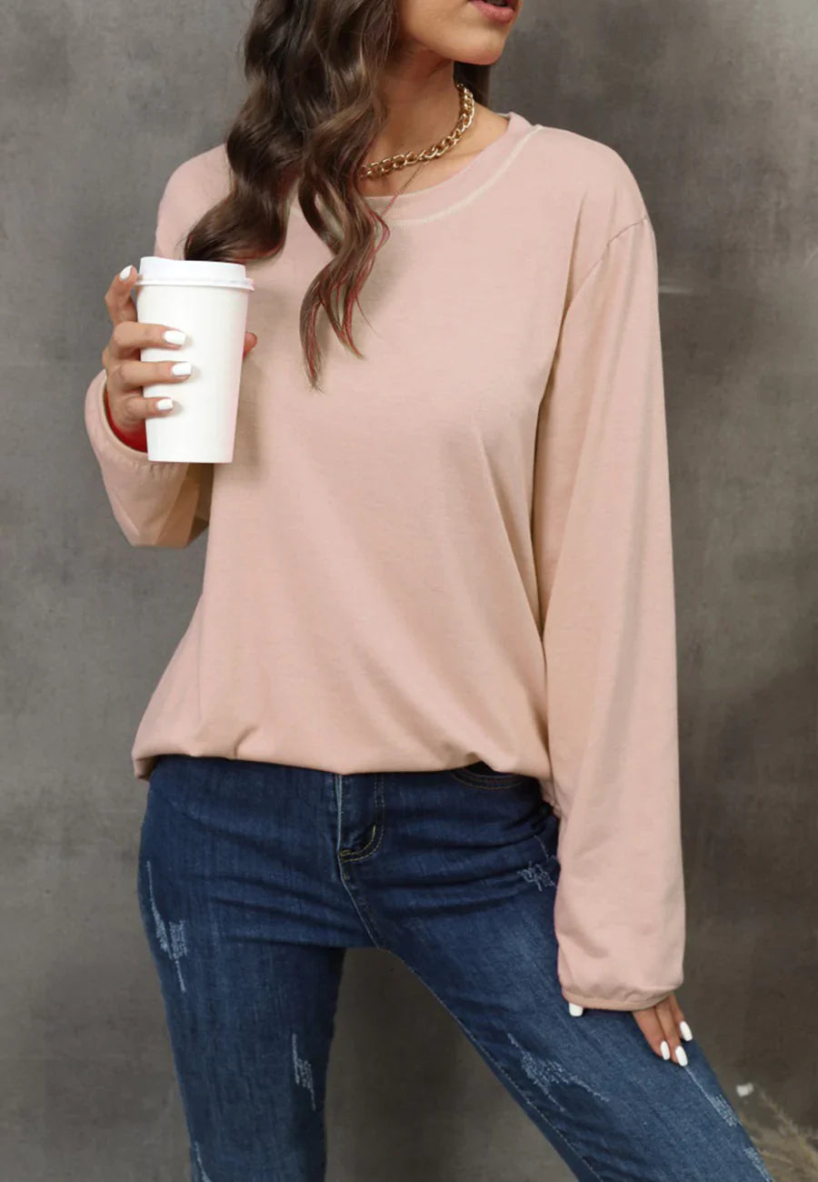 Women's Solid Black Long Sleeve Loose Fit Round Neck Sweater