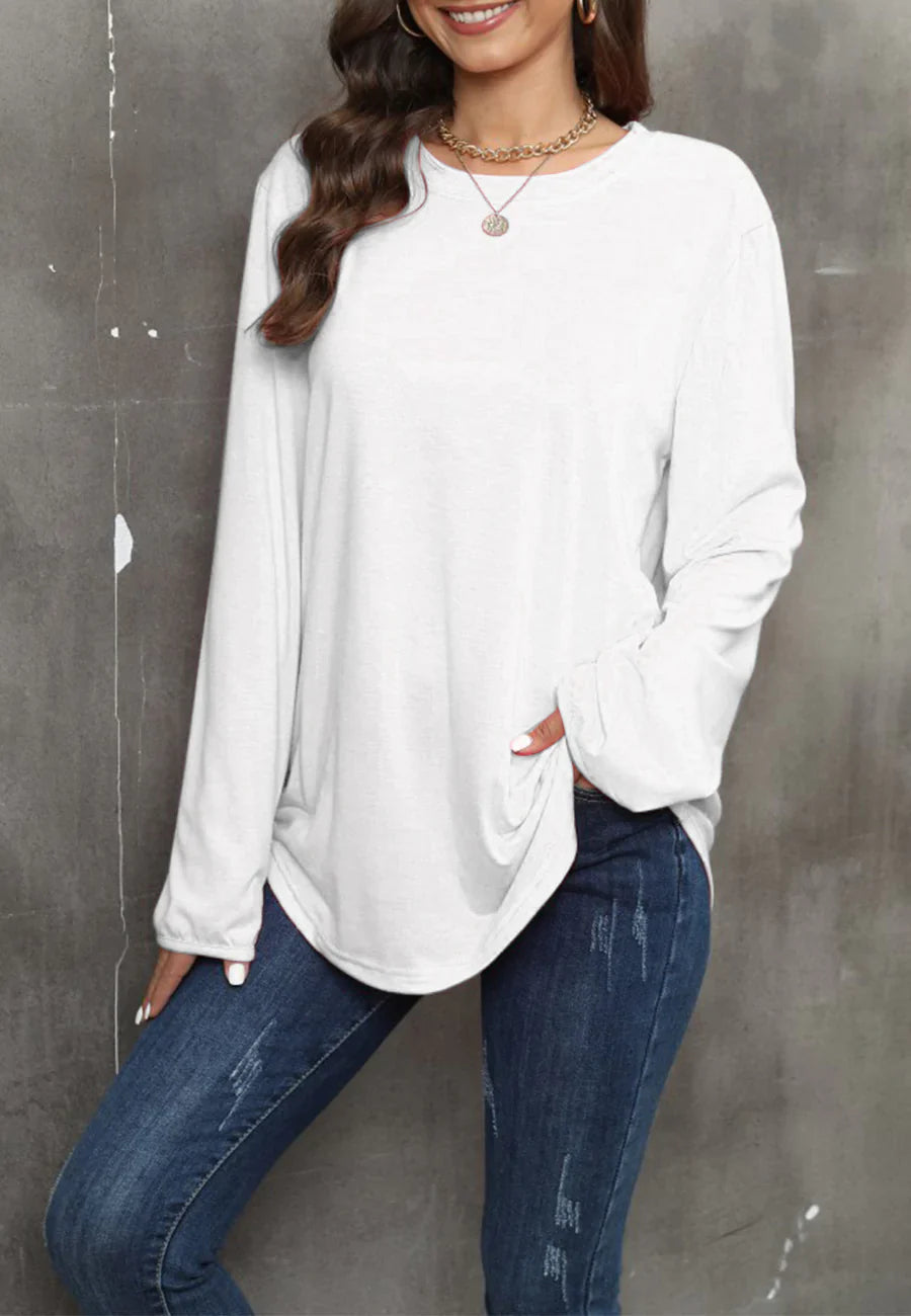 Women's Solid Black Long Sleeve Loose Fit Round Neck Sweater