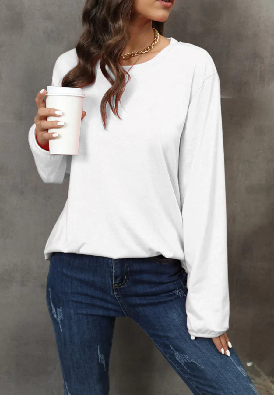Women's Solid Black Long Sleeve Loose Fit Round Neck Sweater
