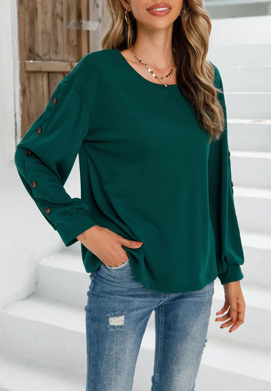 Women's Dark Green Long Sleeve Sweater with Side Button Detail - Image 2
