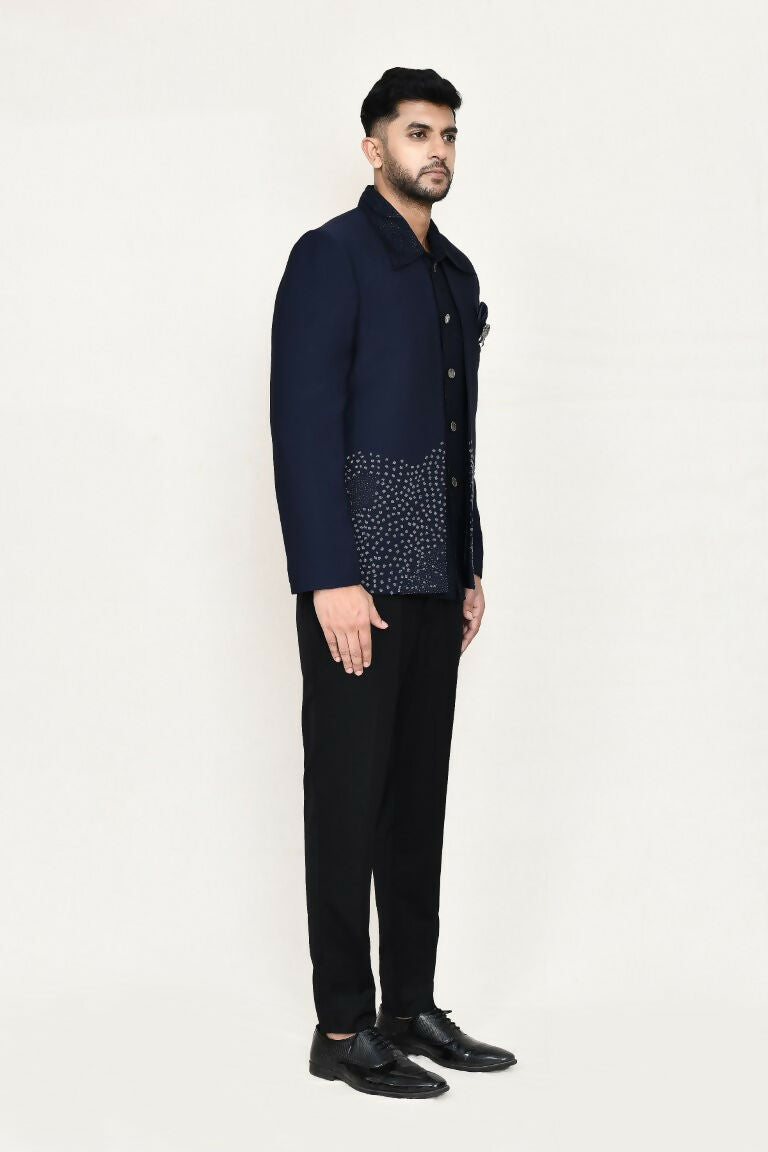 Blue Geometric Pattern Open Prince Coat with Trouser Set