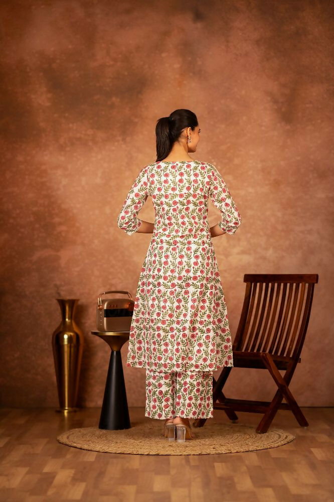 Red Green Hand Block Printed Cotton Suit Set