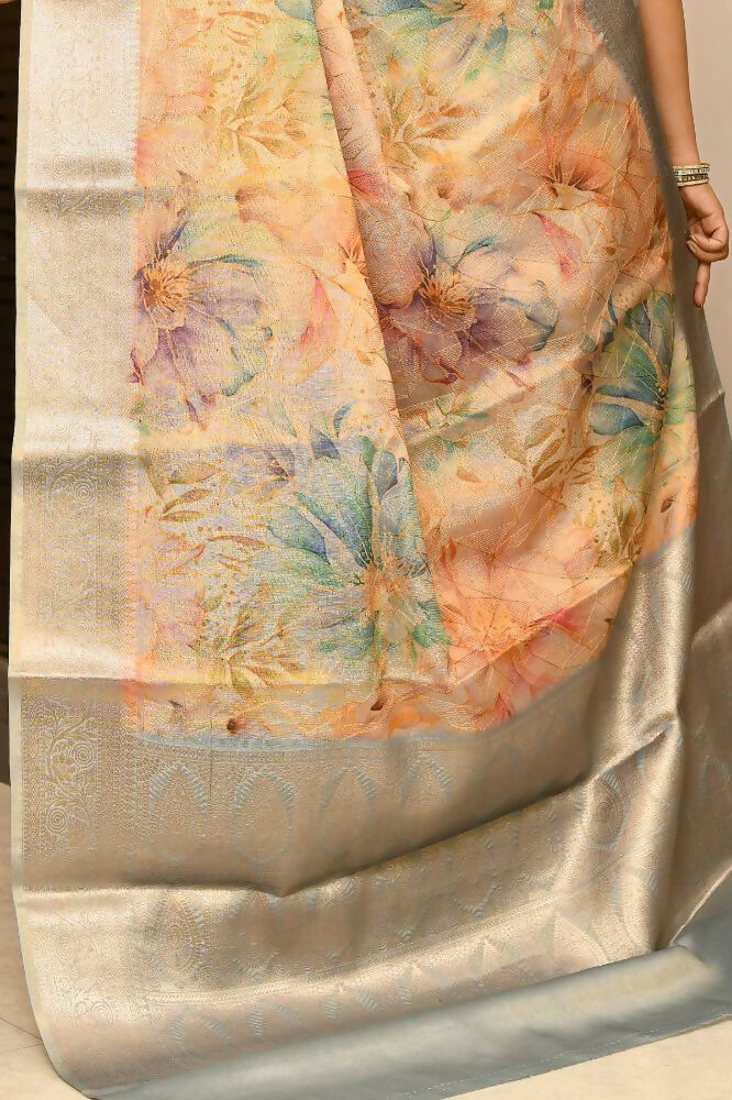 Grey & Orange Tissue Saree with Digital Print and Embroidery