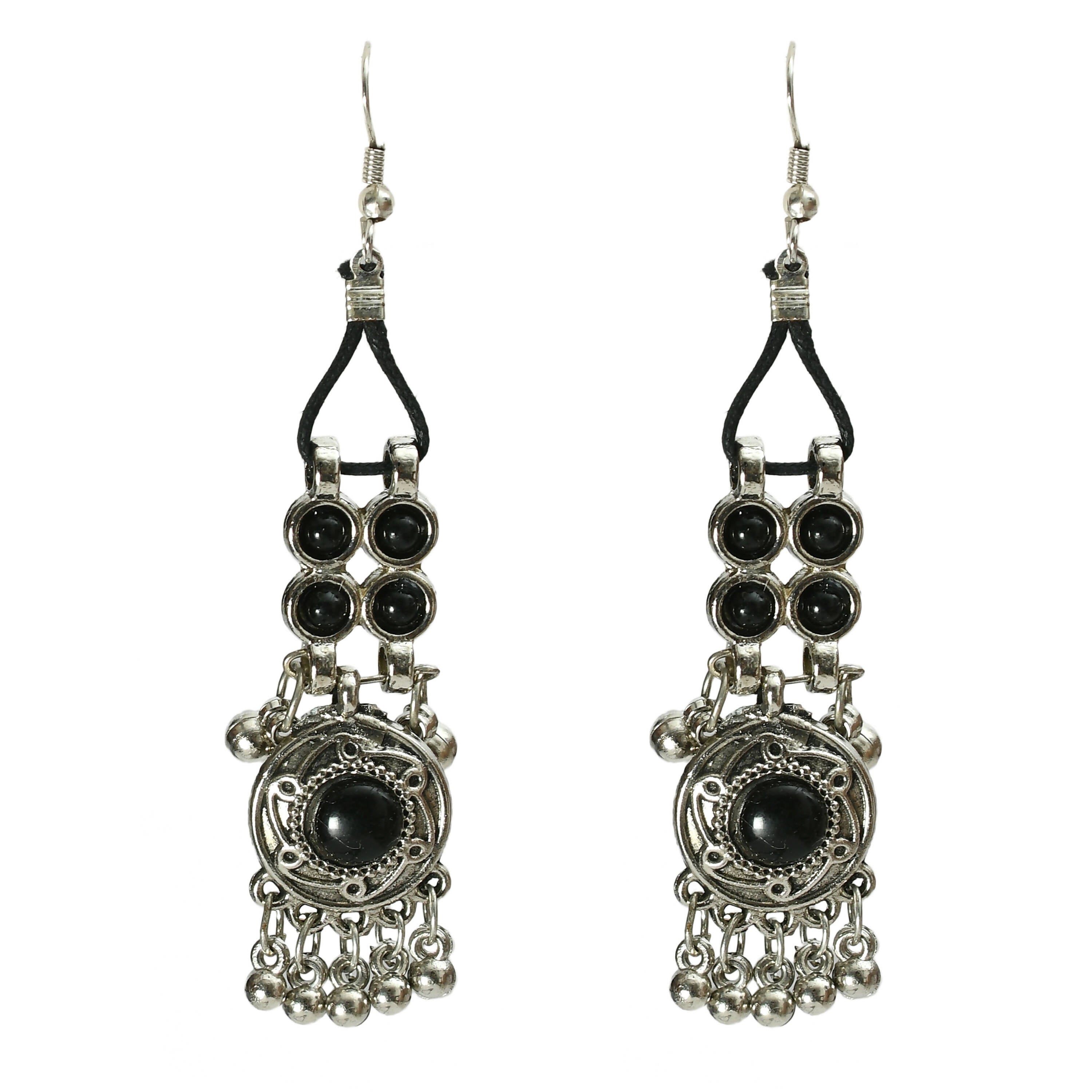Black Kundan Afghani Long Necklace in Oxidised Silver Finish