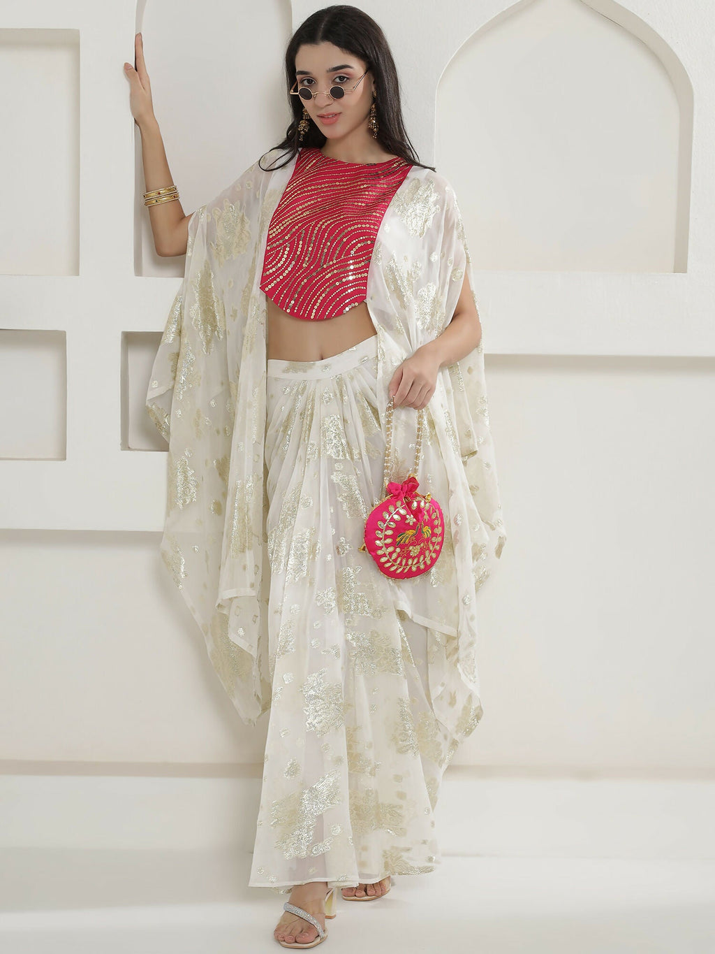 White & Pink Kaftaan with Skirt Set - Hand Embellished Chinnon