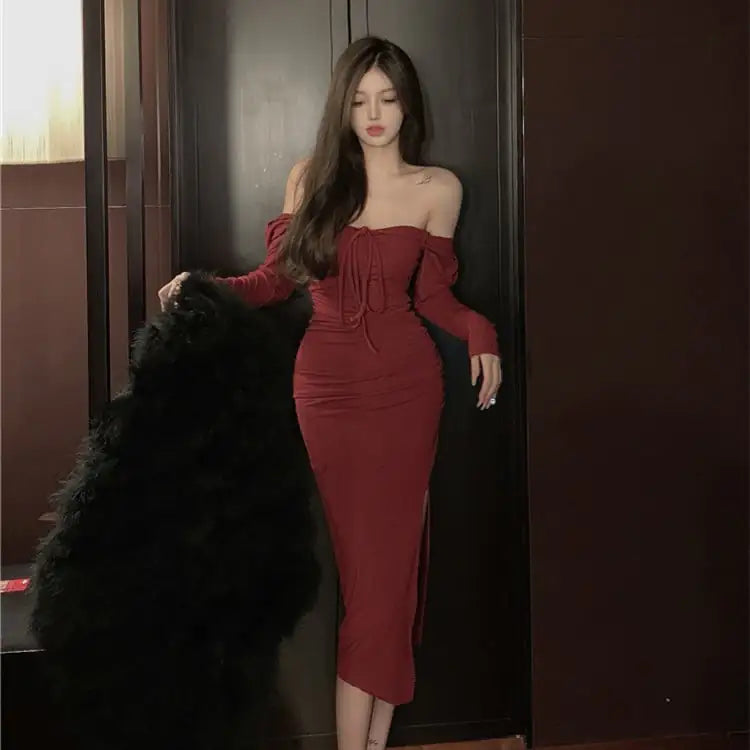 Women's Off-Shoulder Long Sleeve Midi Dress with Side Slit - Image 5