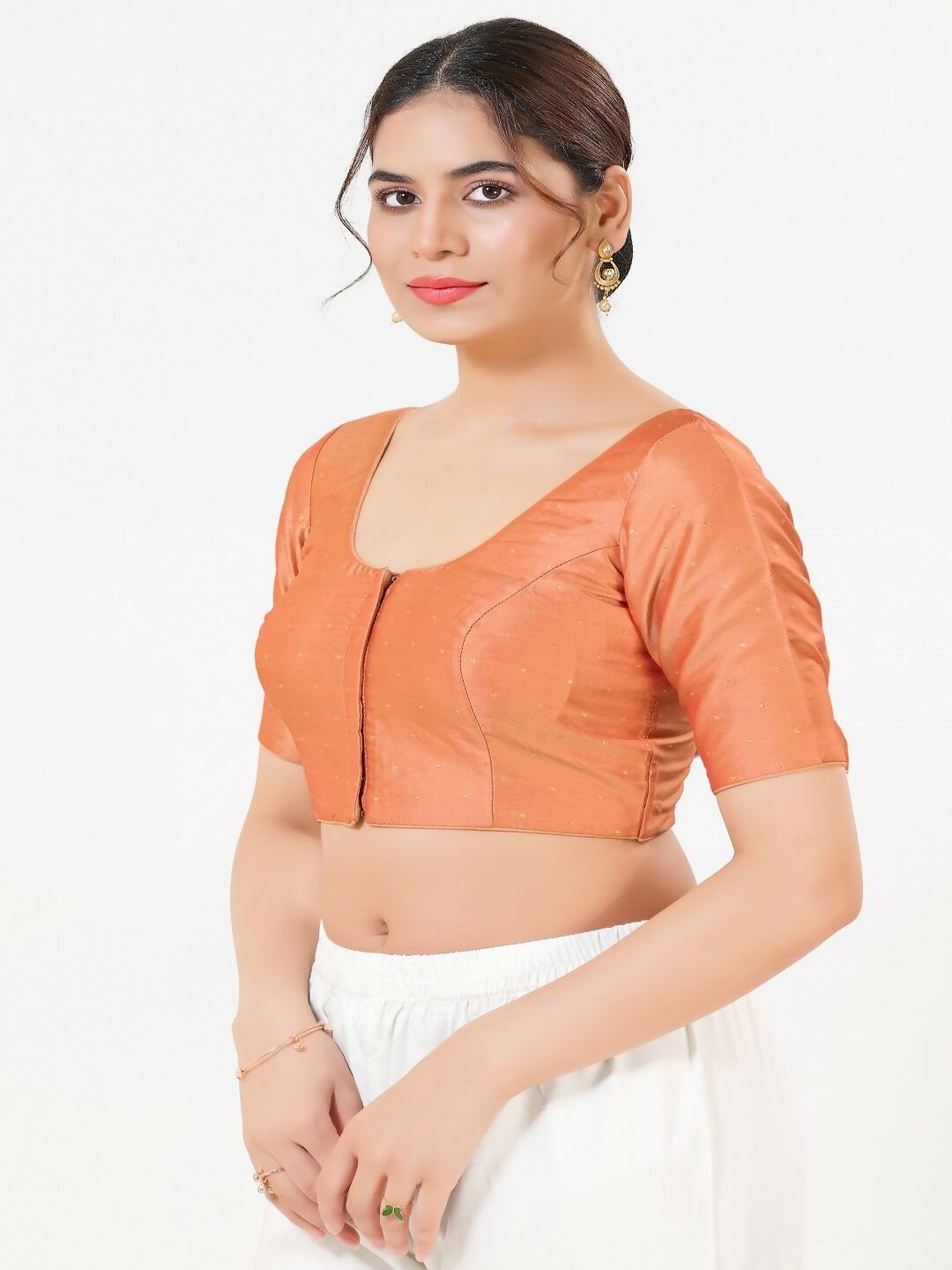 Rose-Gold Taffeta Silk Elbow-Sleeved Front Open Blouse