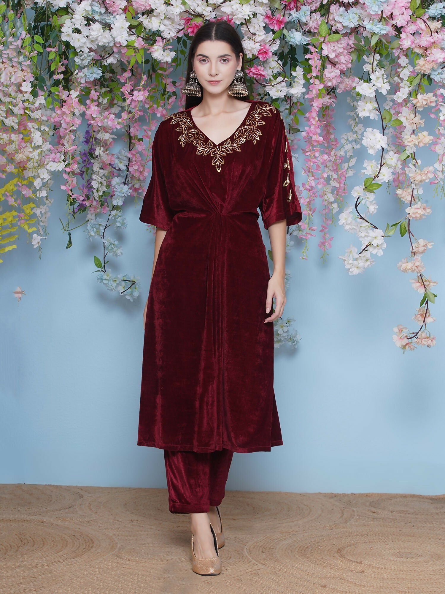 Maroon Velvet Hand Embellished Coord Set - 2 Piece Luxury Outfit