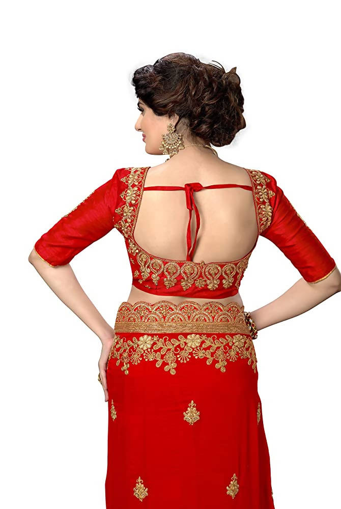 Red Silk Satin Saree with Heavy Embroidery and Blouse