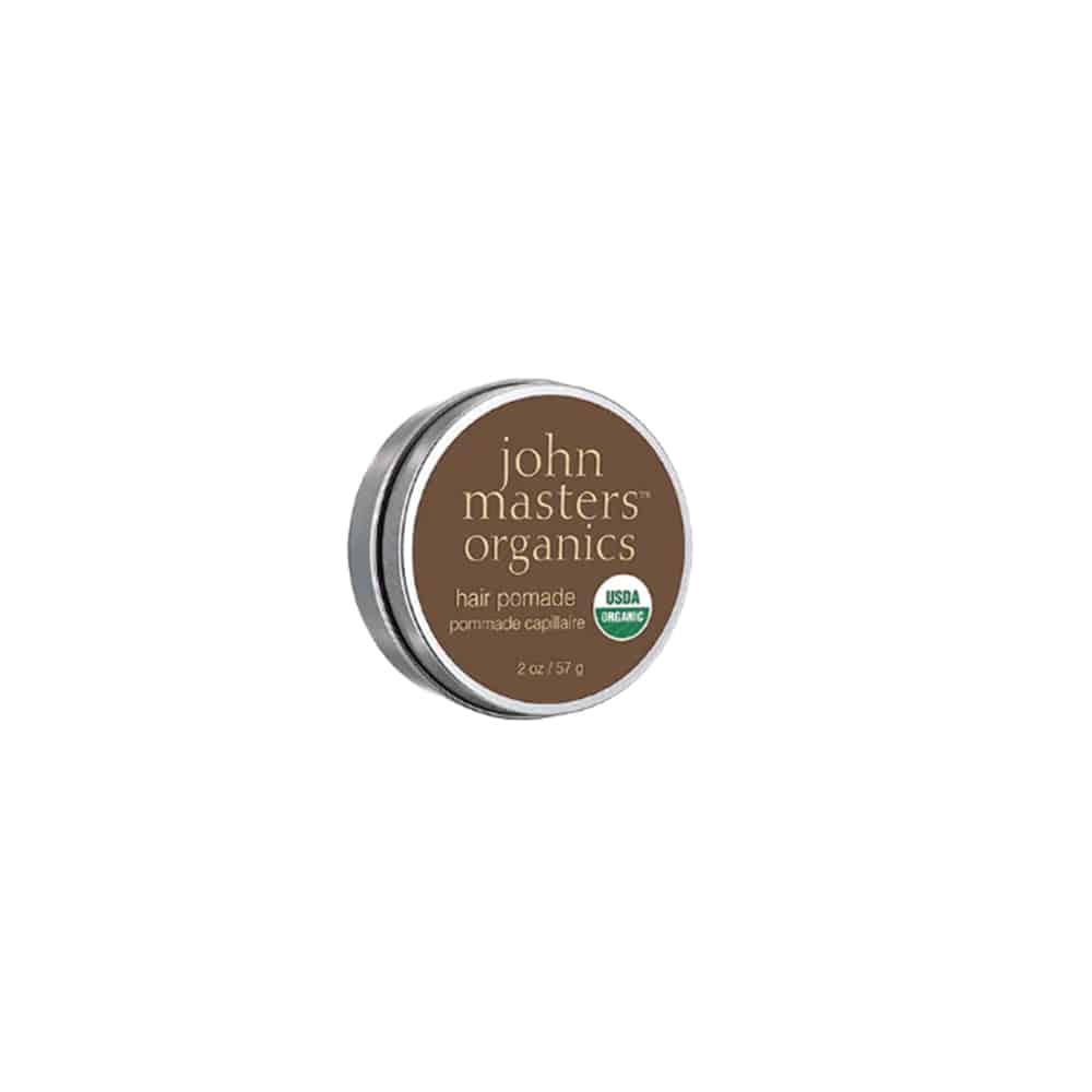 John Masters Organics Hair Pomade in a brown and silver 57g tin.