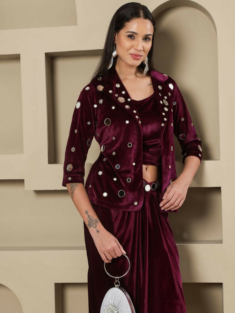 Women's Wine Velvet Hand Embellished Stitched Evening Dress