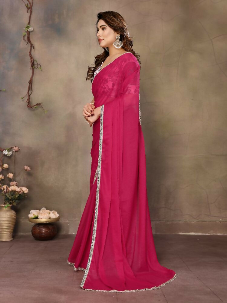 PR Fashion Pink Star Georgette Solid Georgette With Mirror Border Saree