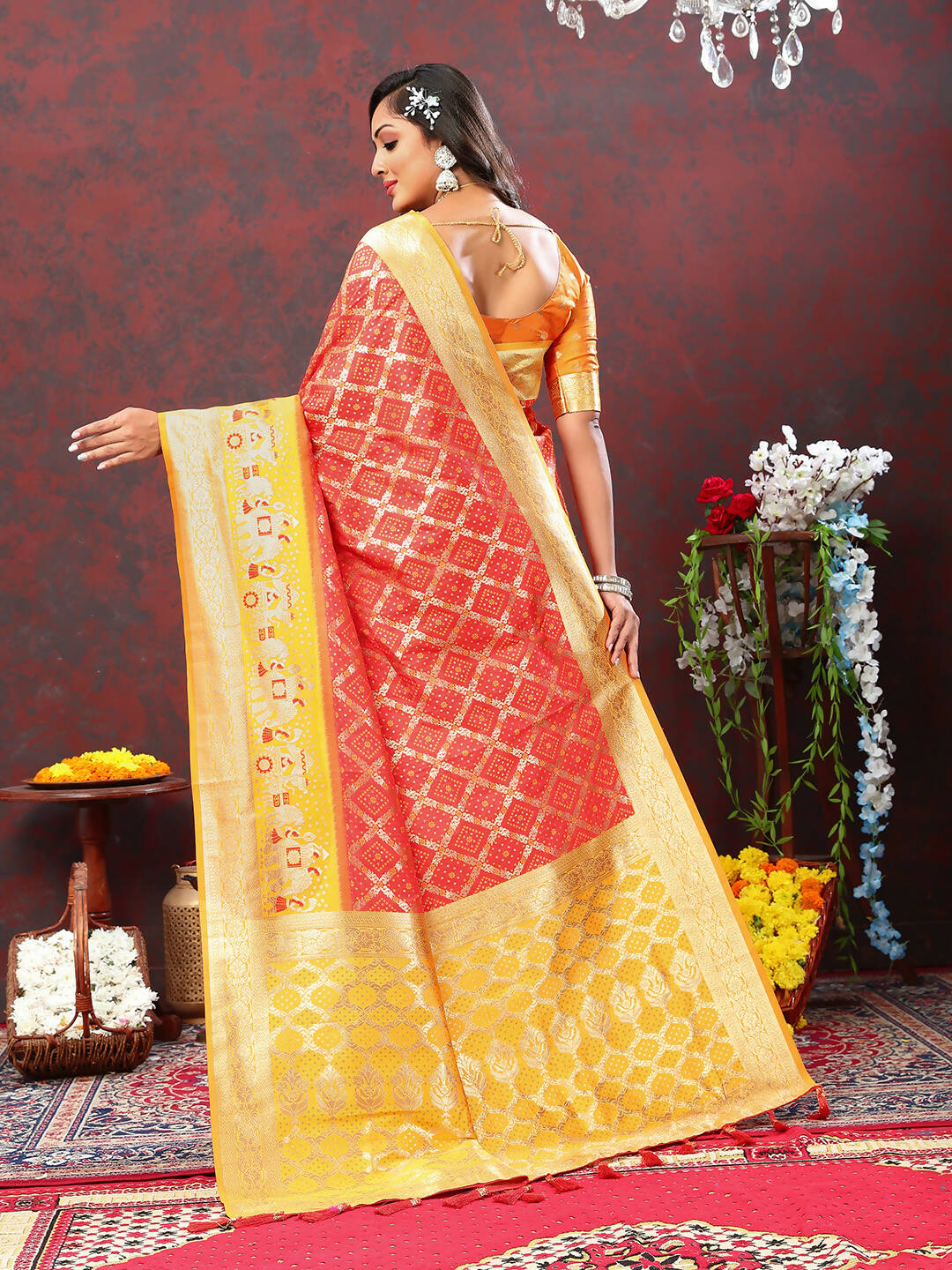 Red & Yellow Patola Silk Saree with Traditional Meenakari Weaving