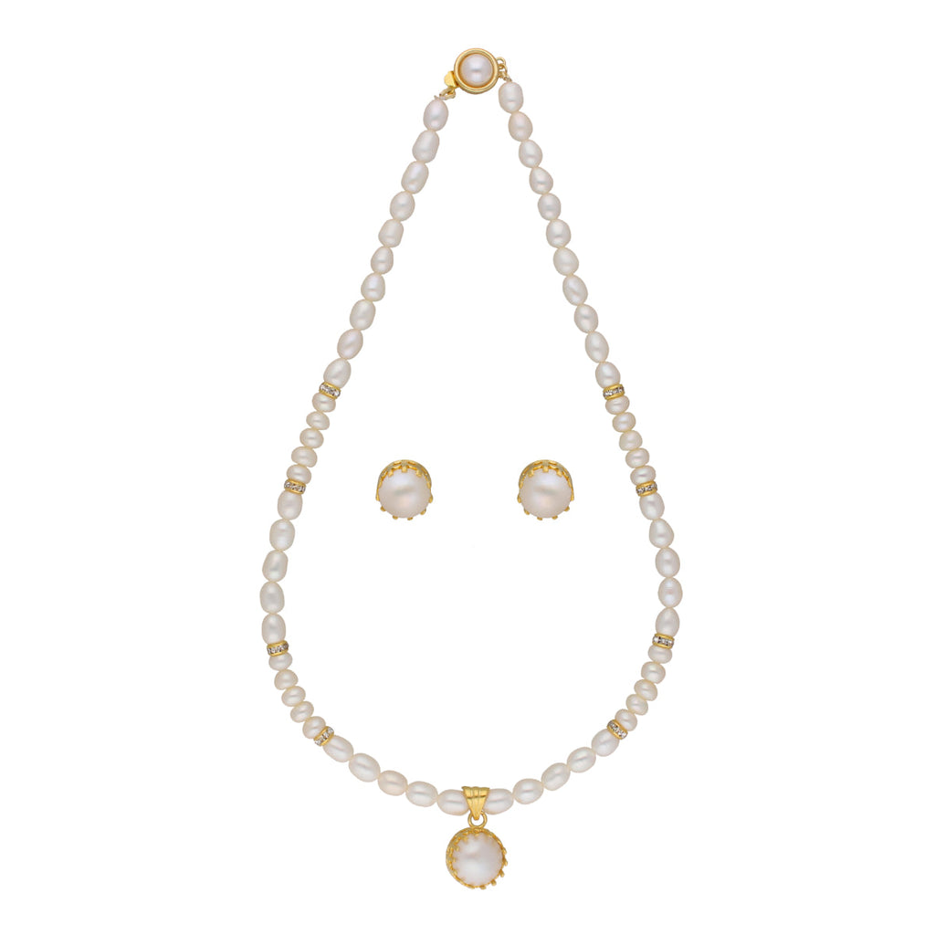 Single String Fashionable Pearl Set with CZ Stones - White Pearl