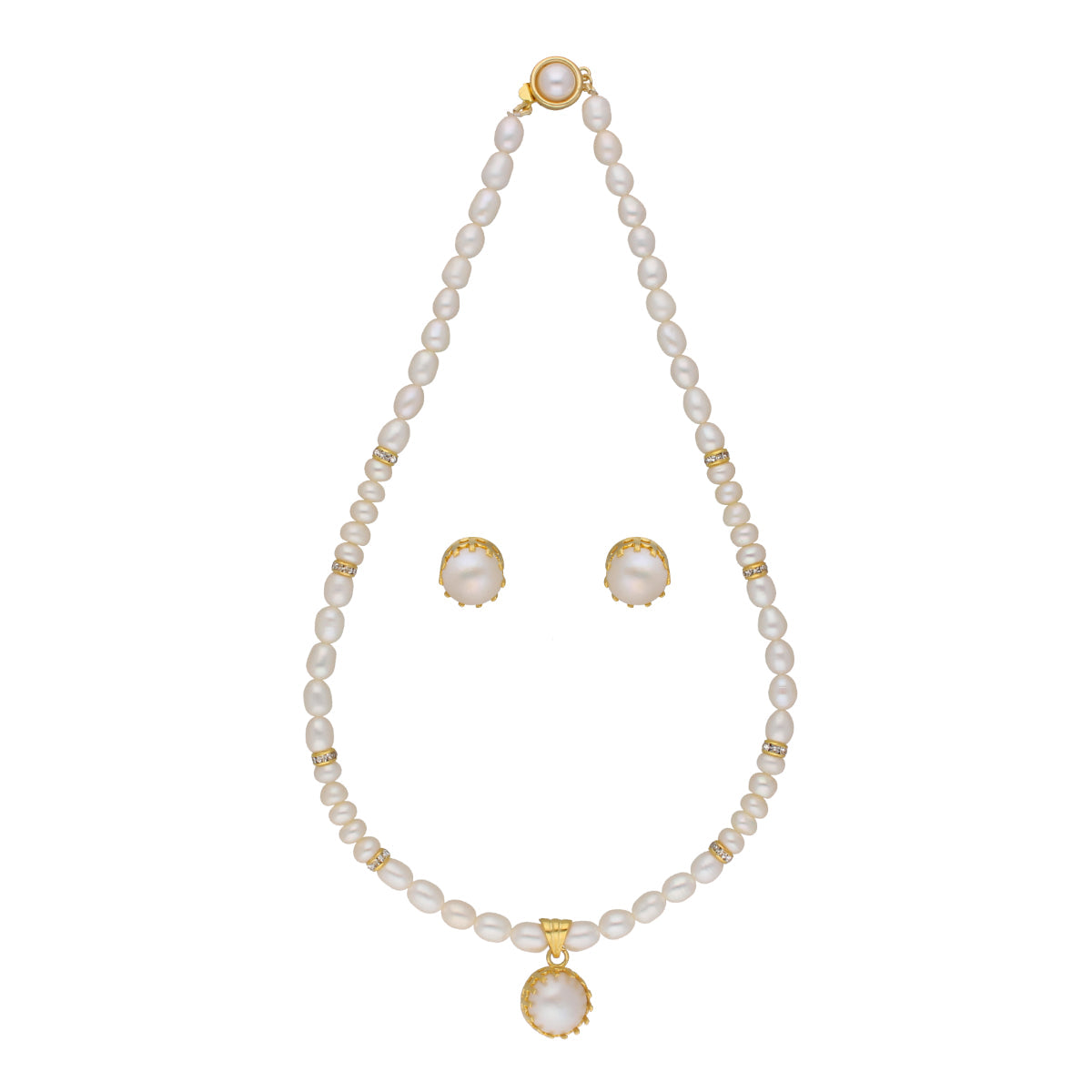 Single String Fashionable Pearl Set with CZ Stones - White Pearl