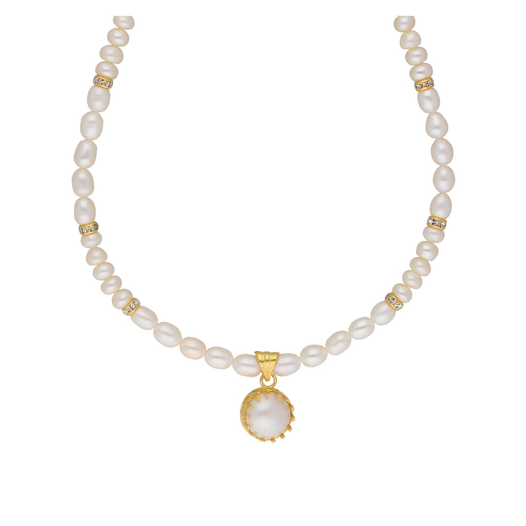 Single String Fashionable Pearl Set with CZ Stones - White Pearl