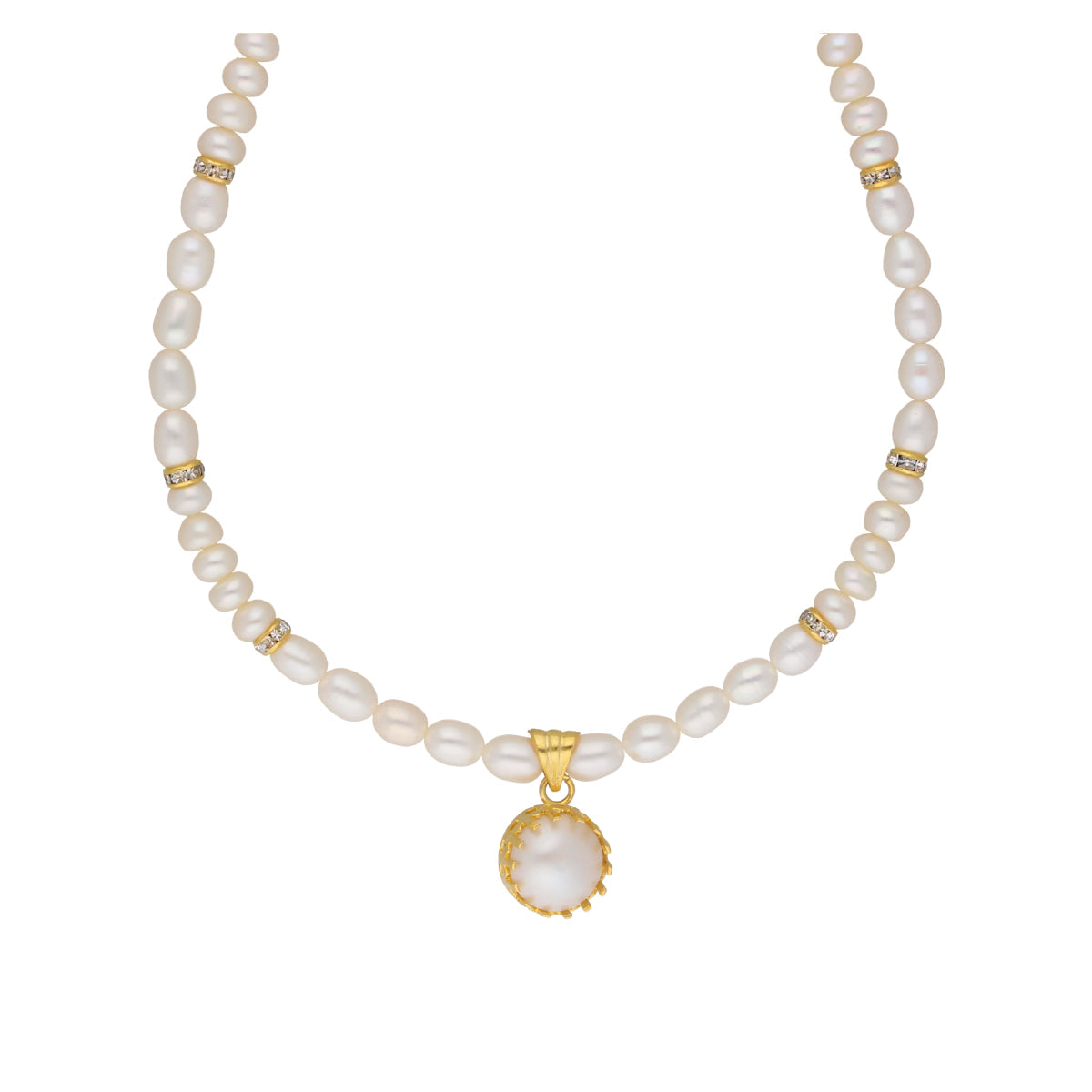Single String Fashionable Pearl Set with CZ Stones - White Pearl