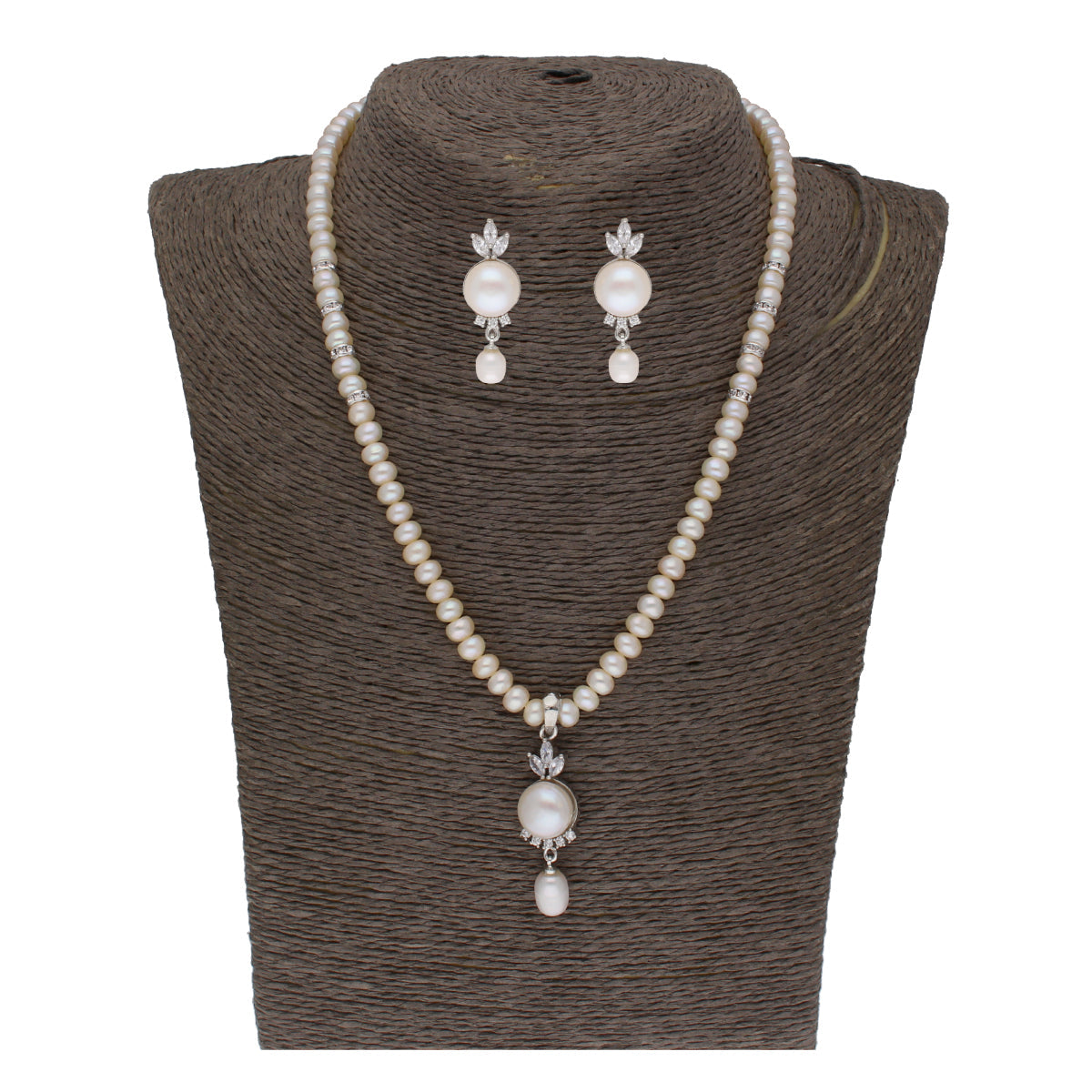 Close-up of a white fresh water pearl pendant set with CZ accents and gold plating
