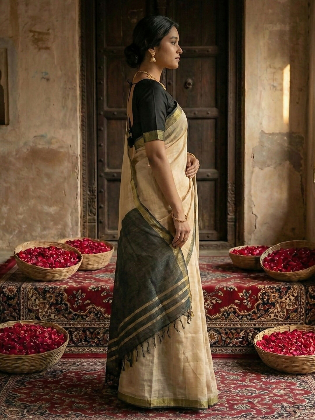 Elegant Beige Cotton Saree with Contrast Black Blouse