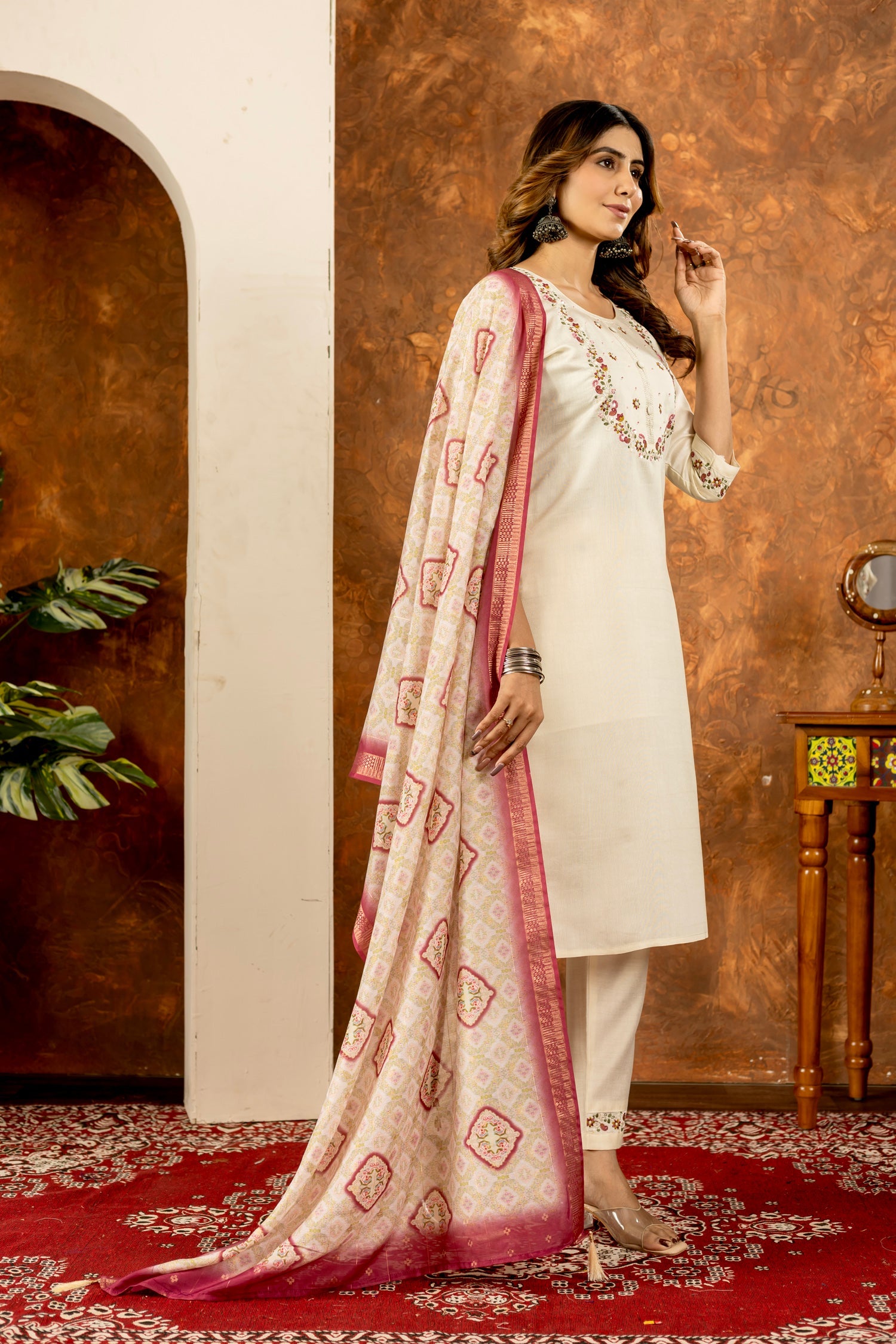 Off-White Marina Silk Kurta Set with Multi-Color Thread Embroidery