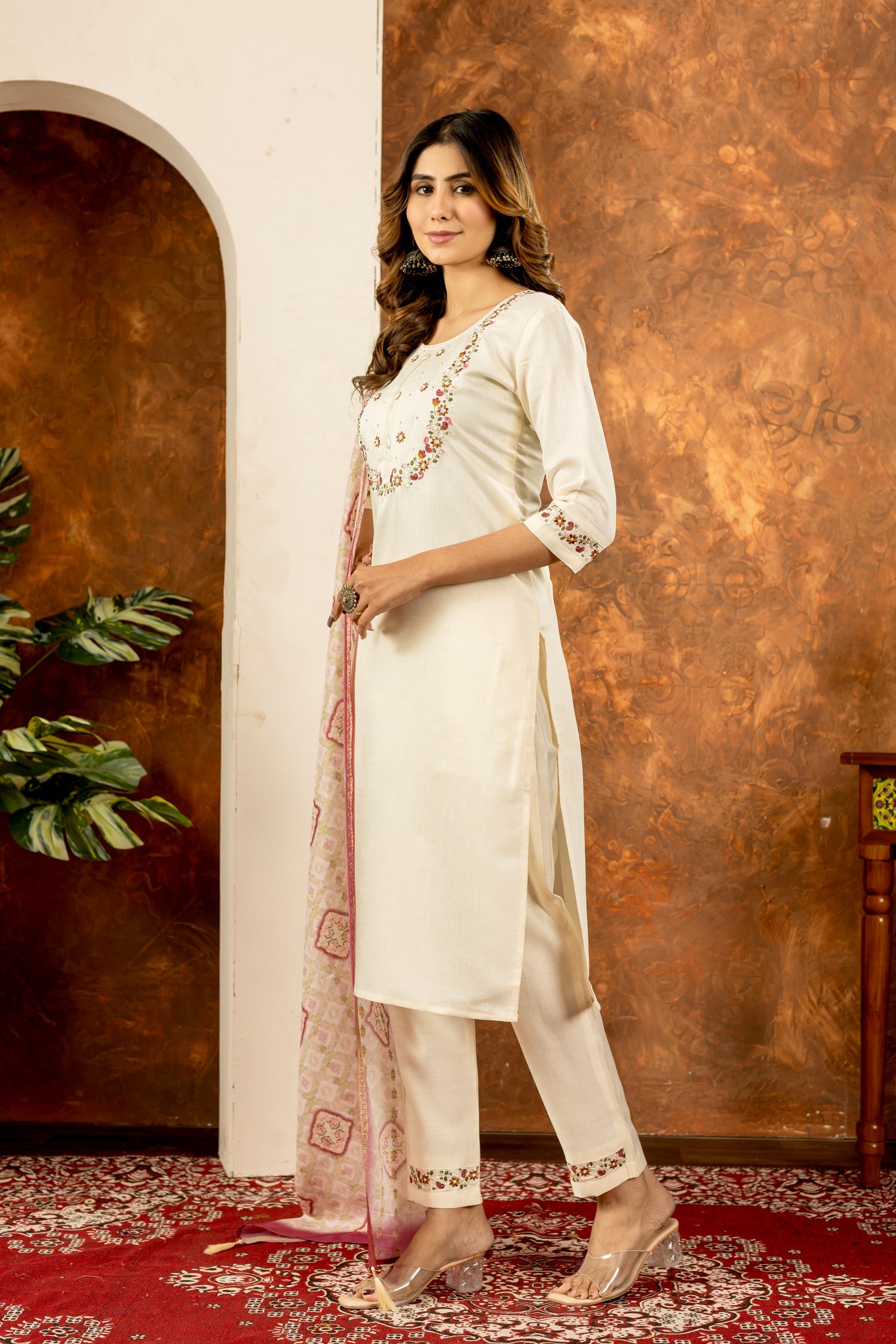 Off-White Marina Silk Kurta Set with Multi-Color Thread Embroidery