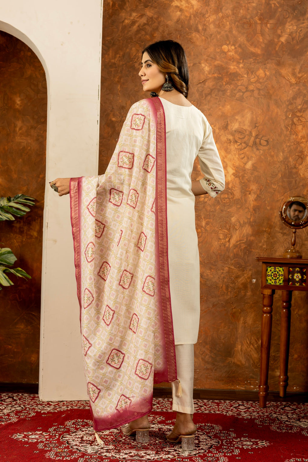 Off-White Marina Silk Kurta Set with Multi-Color Thread Embroidery