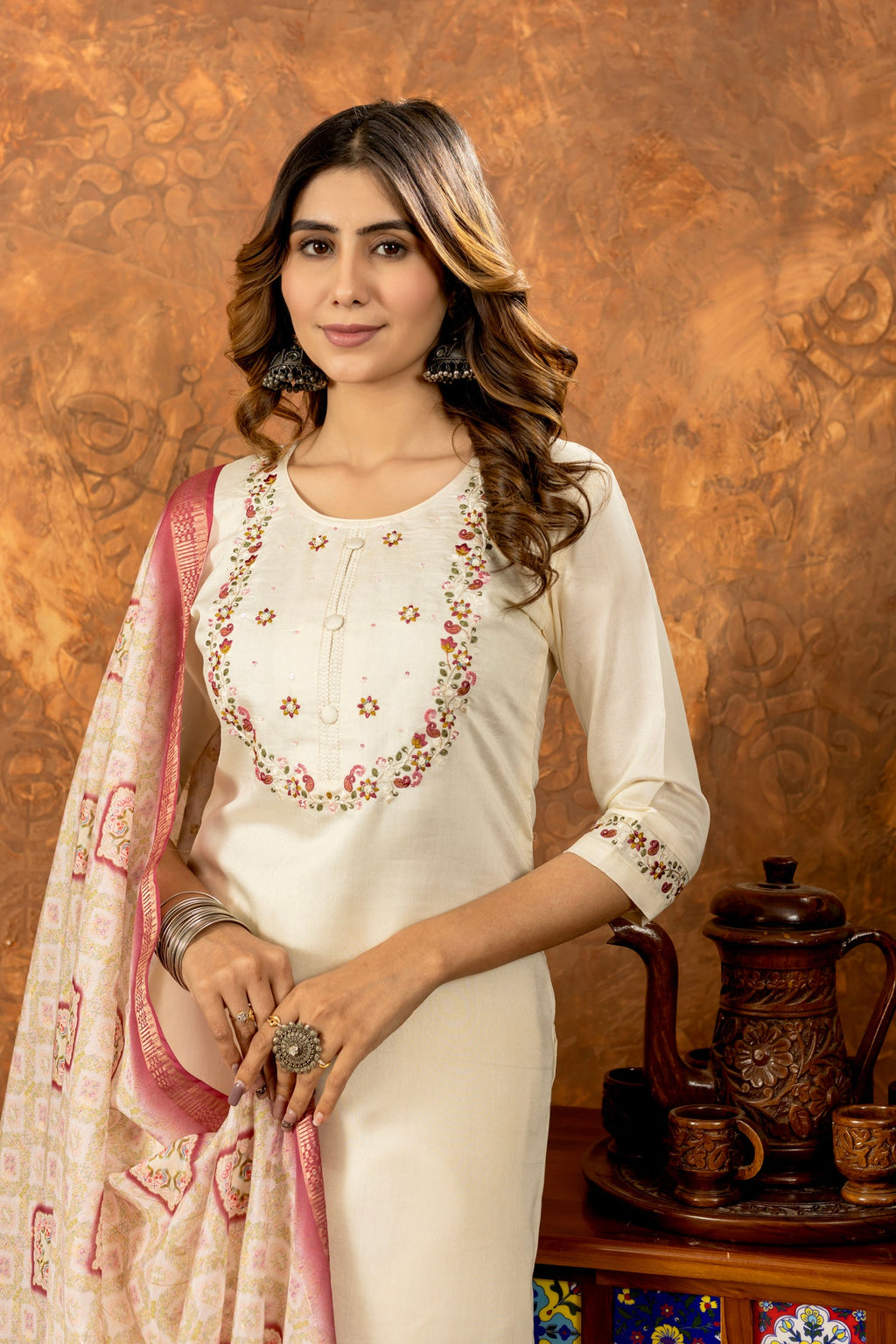 Off-White Marina Silk Kurta Set with Multi-Color Thread Embroidery