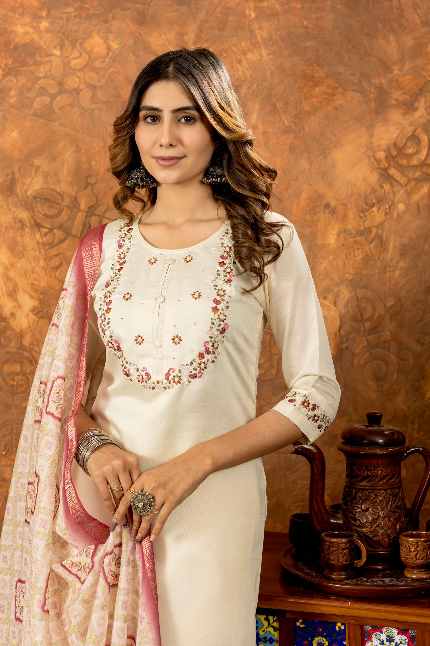 Off-White Marina Silk Kurta Set with Multi-Color Thread Embroidery