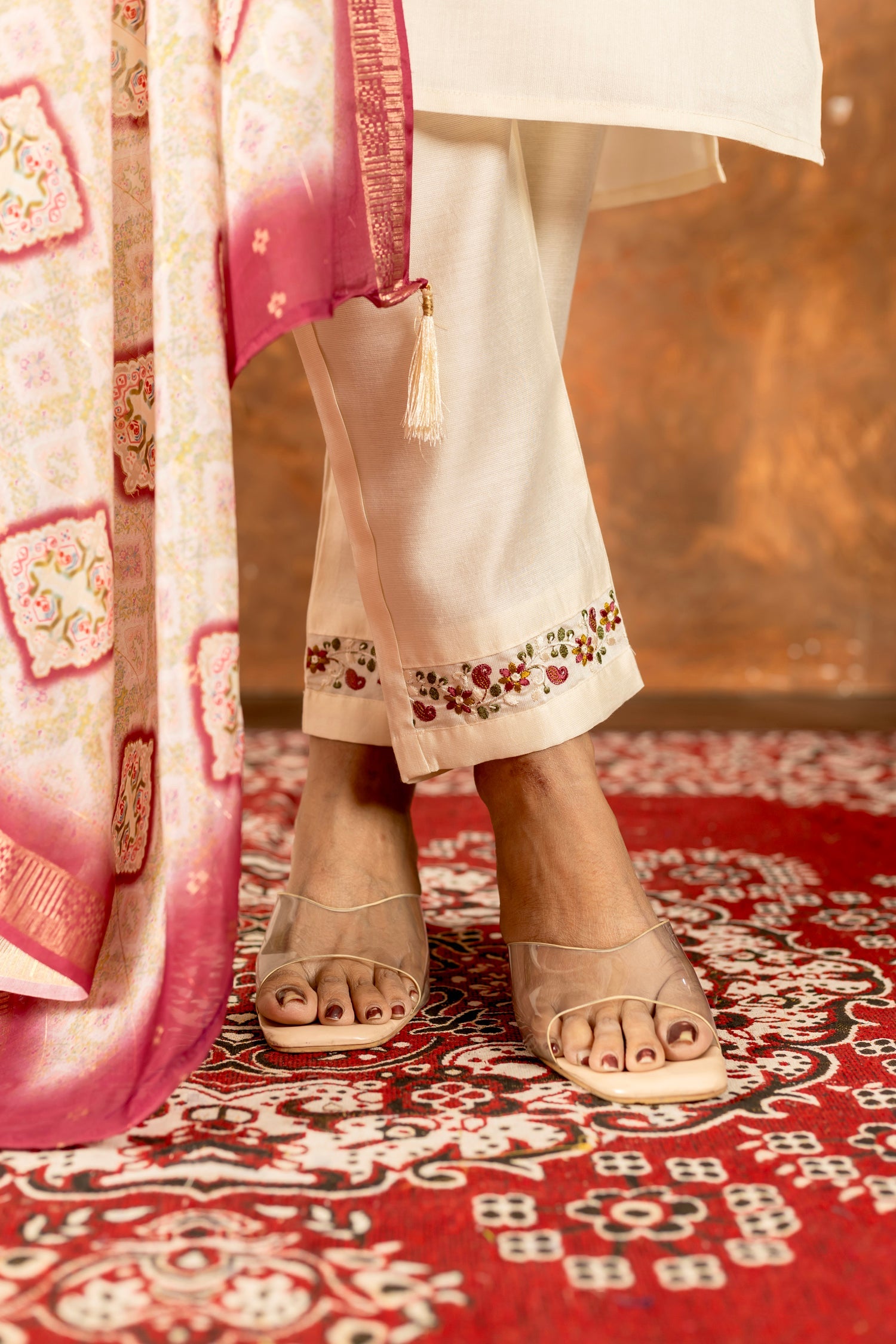 Off-White Marina Silk Kurta Set with Multi-Color Thread Embroidery