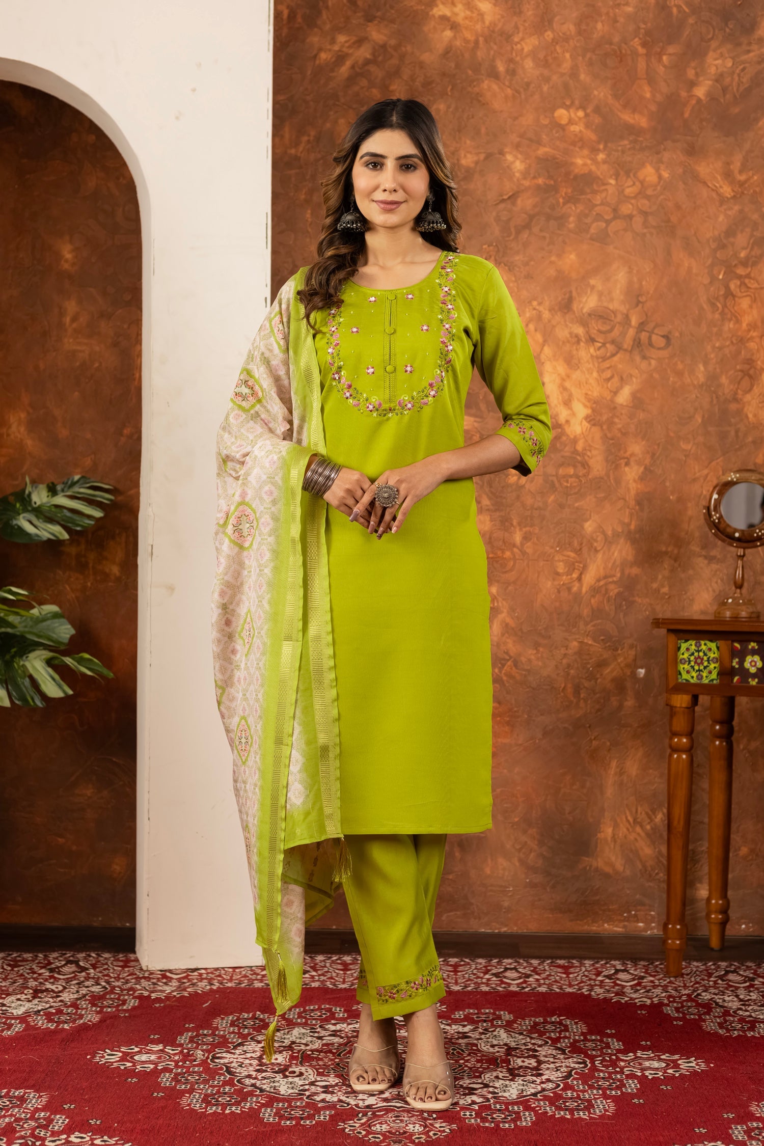 Lorenvalley Fashion Parrotgreen Marina Silk Multi Embroidery Thread with Hand work Kurta Pant Dupatta
