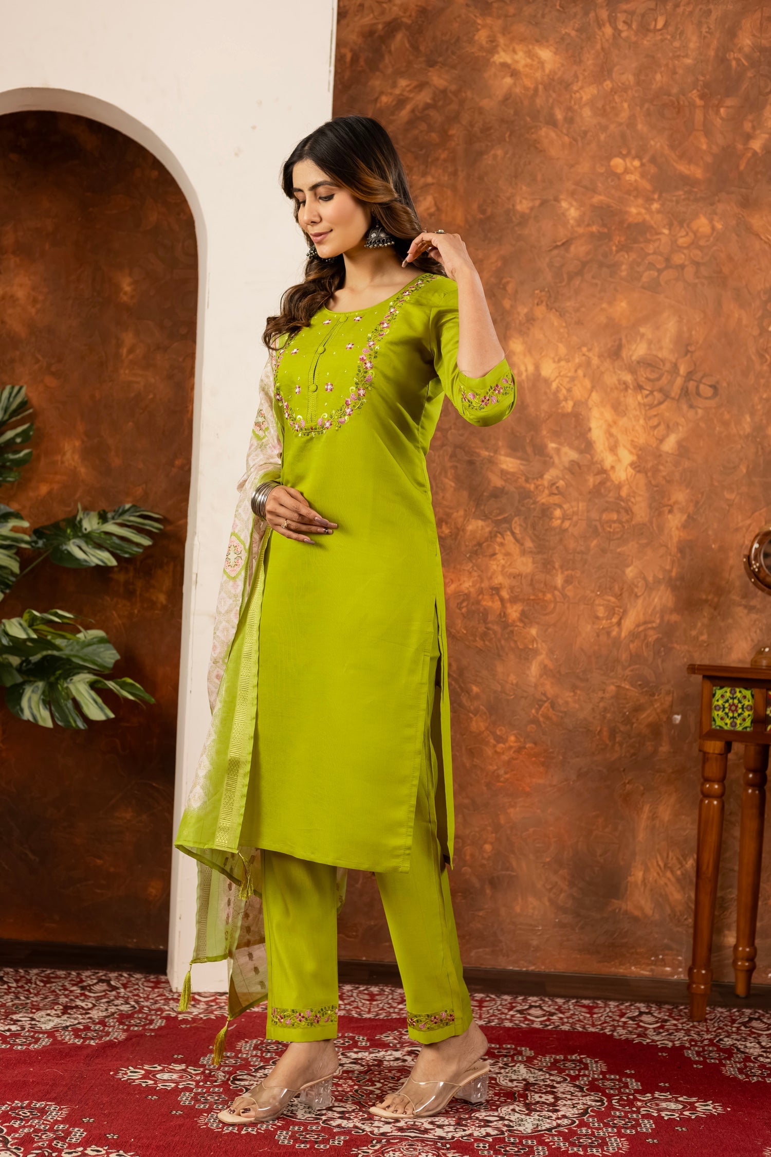 Lorenvalley Fashion Parrotgreen Marina Silk Multi Embroidery Thread with Hand work Kurta Pant Dupatta