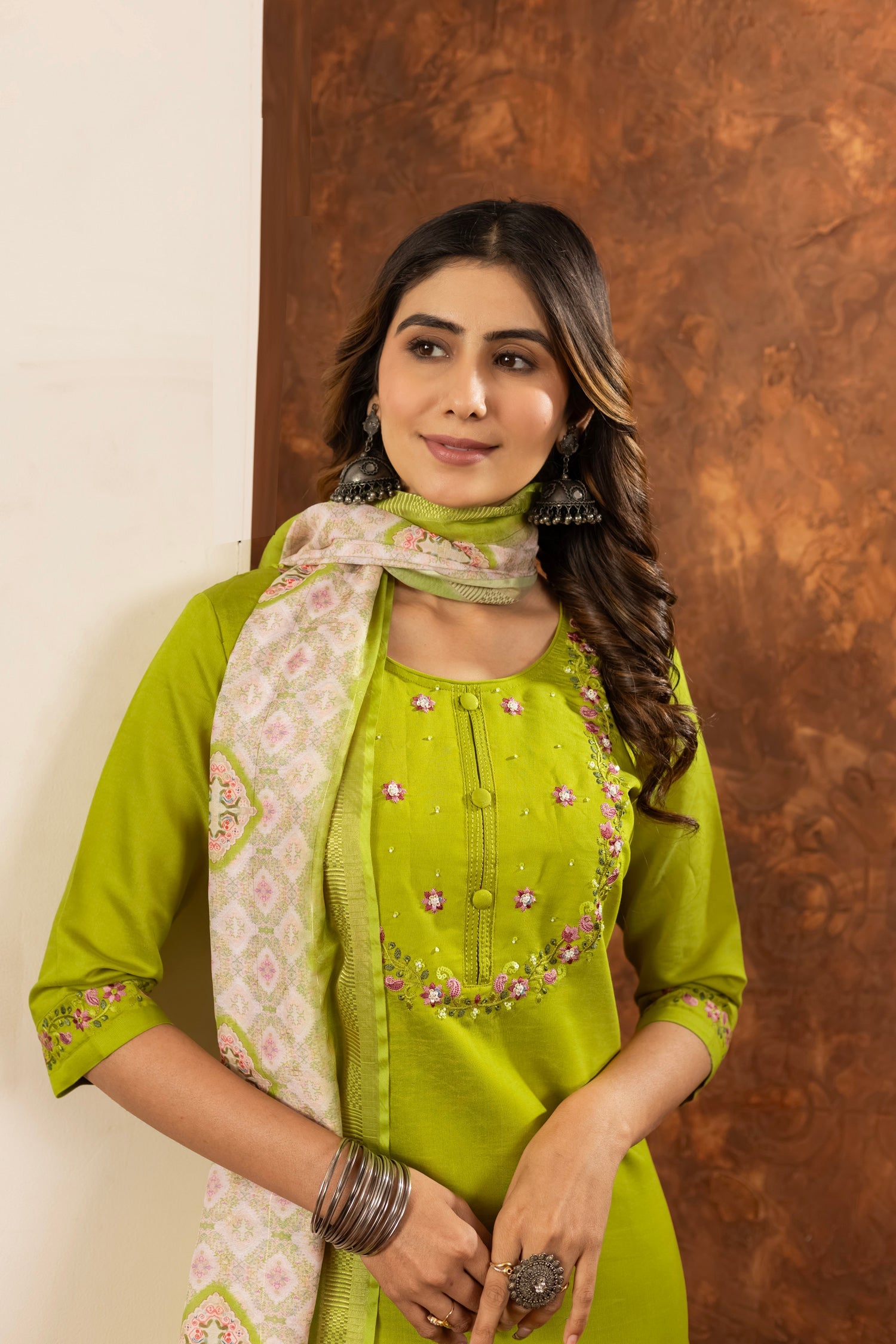 Lorenvalley Fashion Parrotgreen Marina Silk Multi Embroidery Thread with Hand work Kurta Pant Dupatta