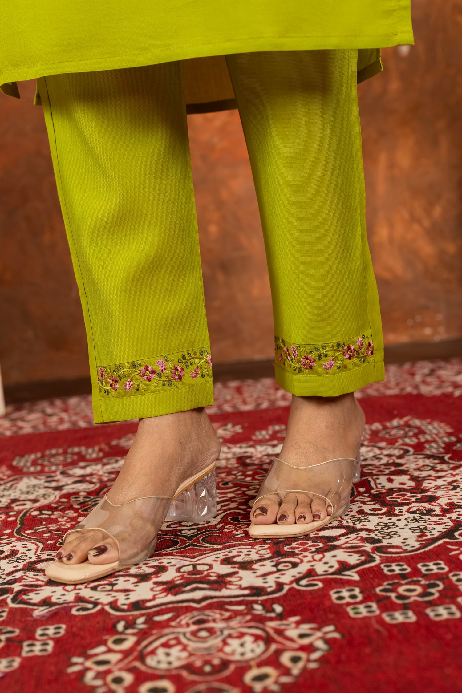 Lorenvalley Fashion Parrotgreen Marina Silk Multi Embroidery Thread with Hand work Kurta Pant Dupatta