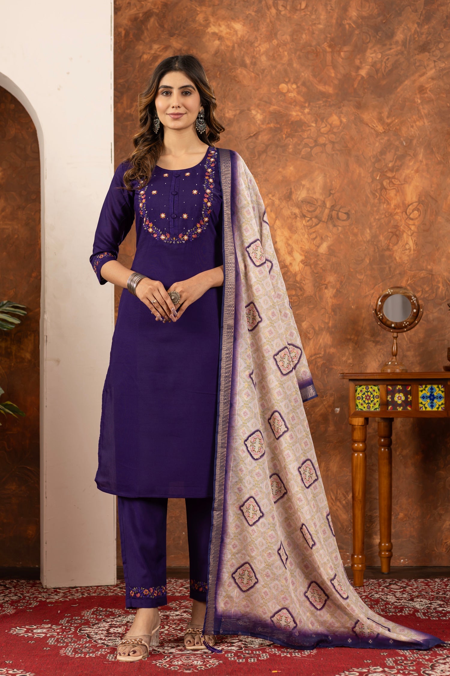 Purple Marina Silk kurta set with multi-thread hand embroidery, pants, and dupatta