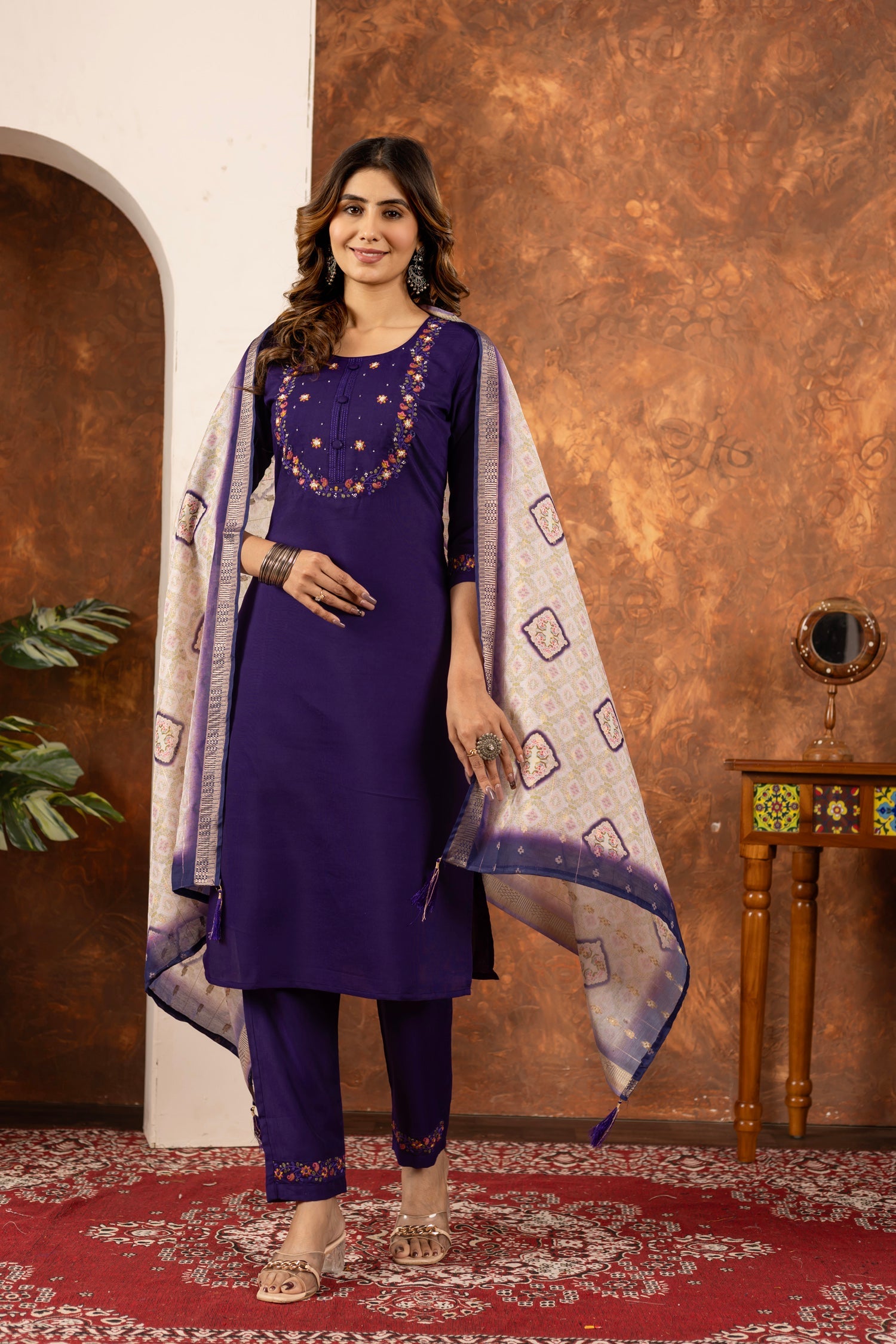 Purple Marina Silk Kurta Pant Set with Hand Embroidered Details
