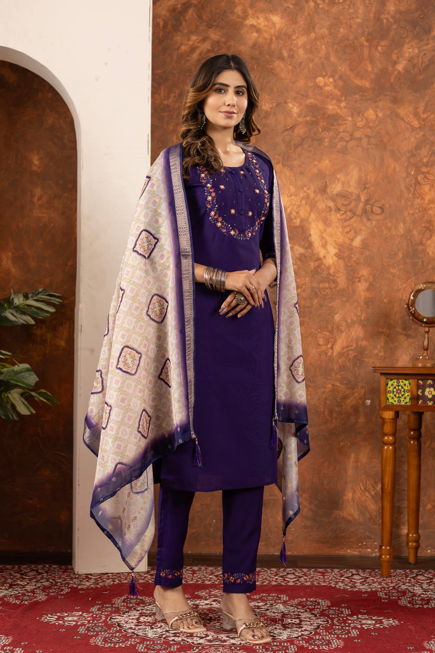 Purple Marina Silk Kurta Pant Set with Hand Embroidered Details