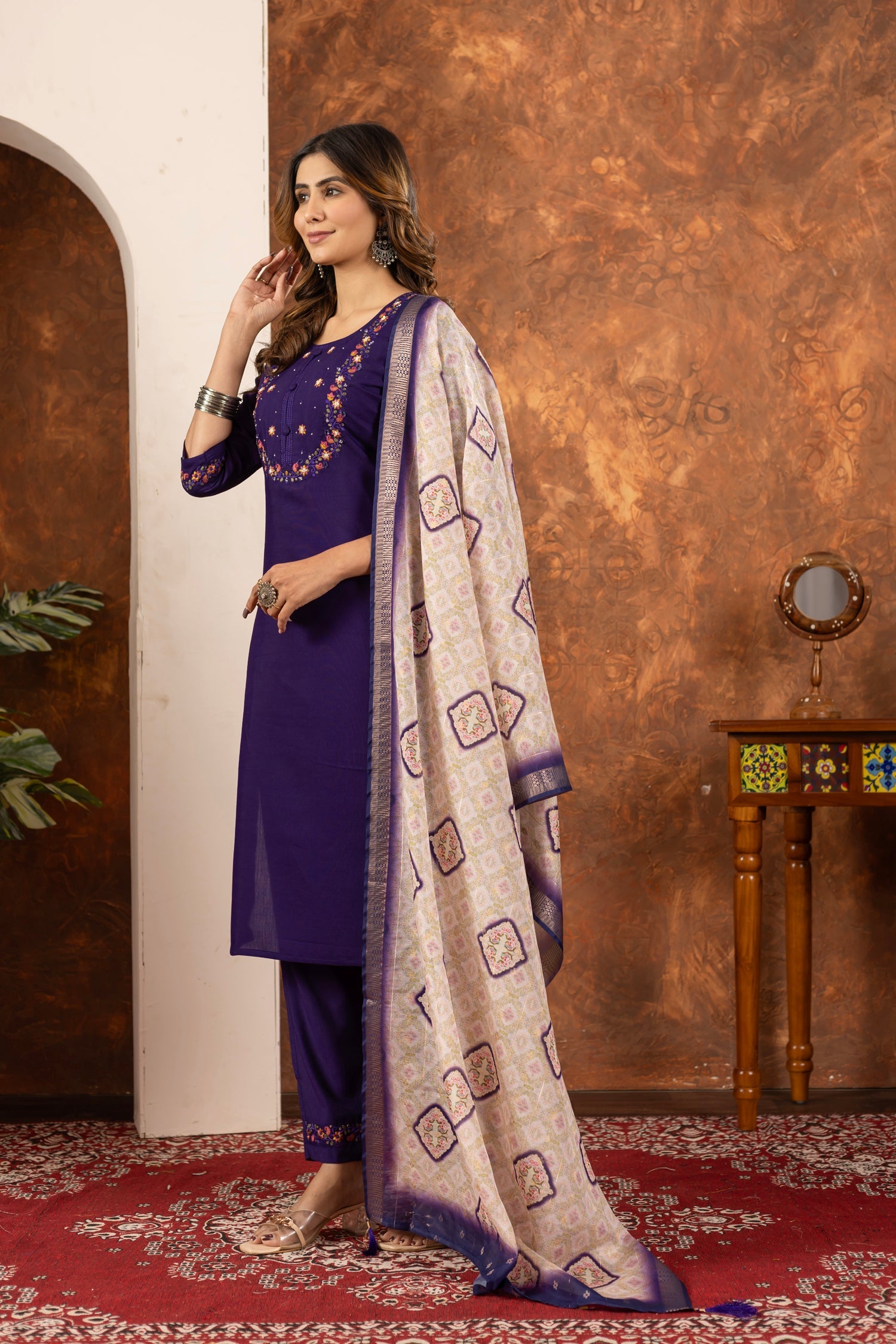 Purple Marina Silk Kurta Pant Set with Hand Embroidered Details