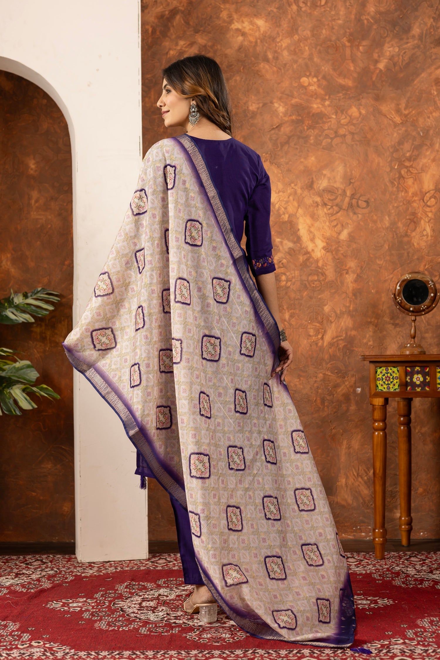 Purple Marina Silk Kurta Pant Set with Hand Embroidered Details