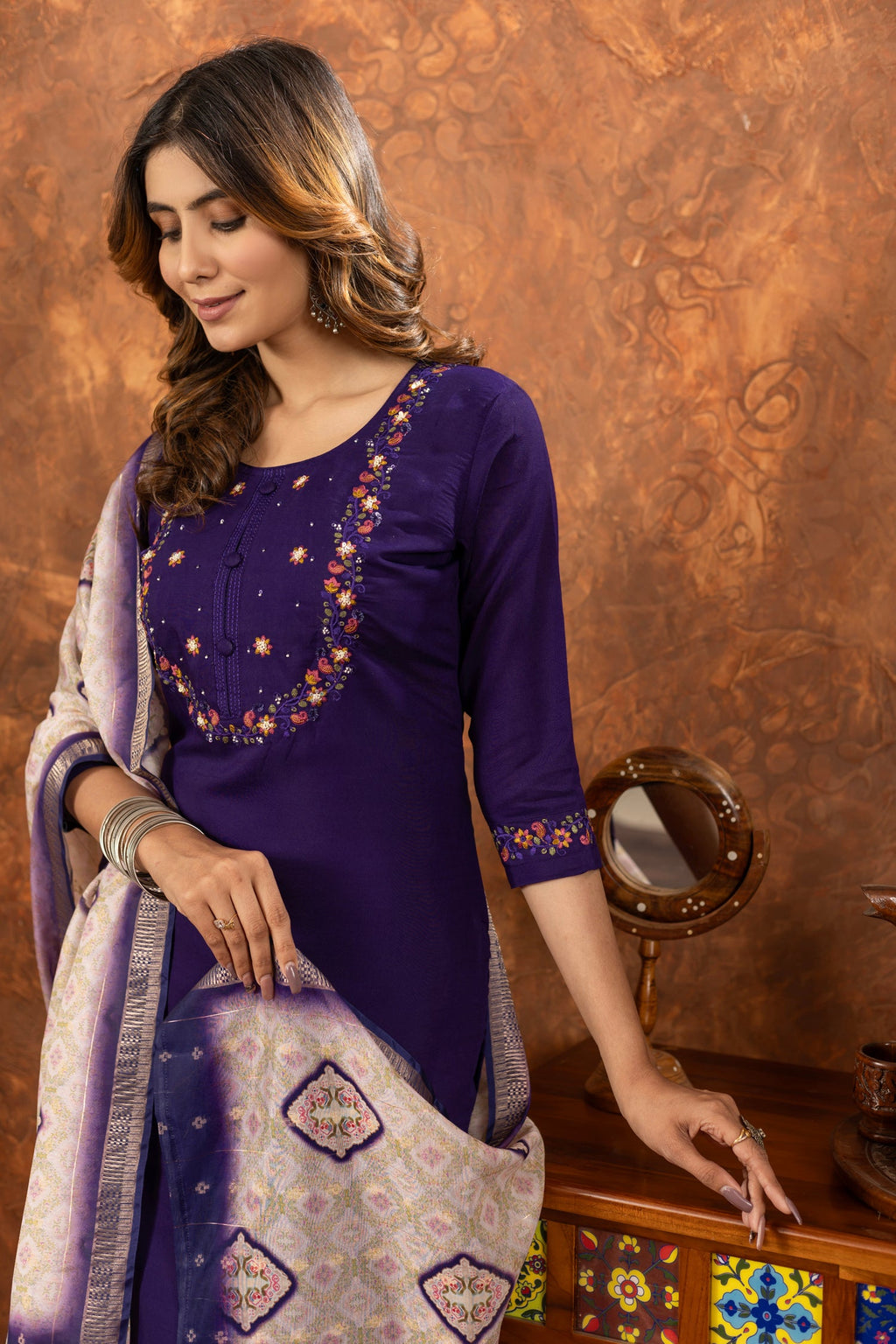 Purple Marina Silk Kurta Pant Set with Hand Embroidered Details